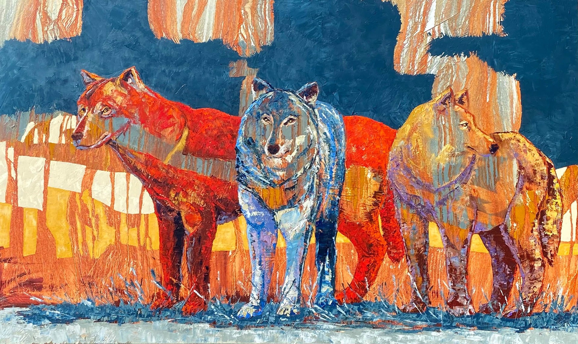 Original Oil Painting Featuring Three Multicolored Wolves Over Abstract Color Block Background In Reds Blues And Oranges