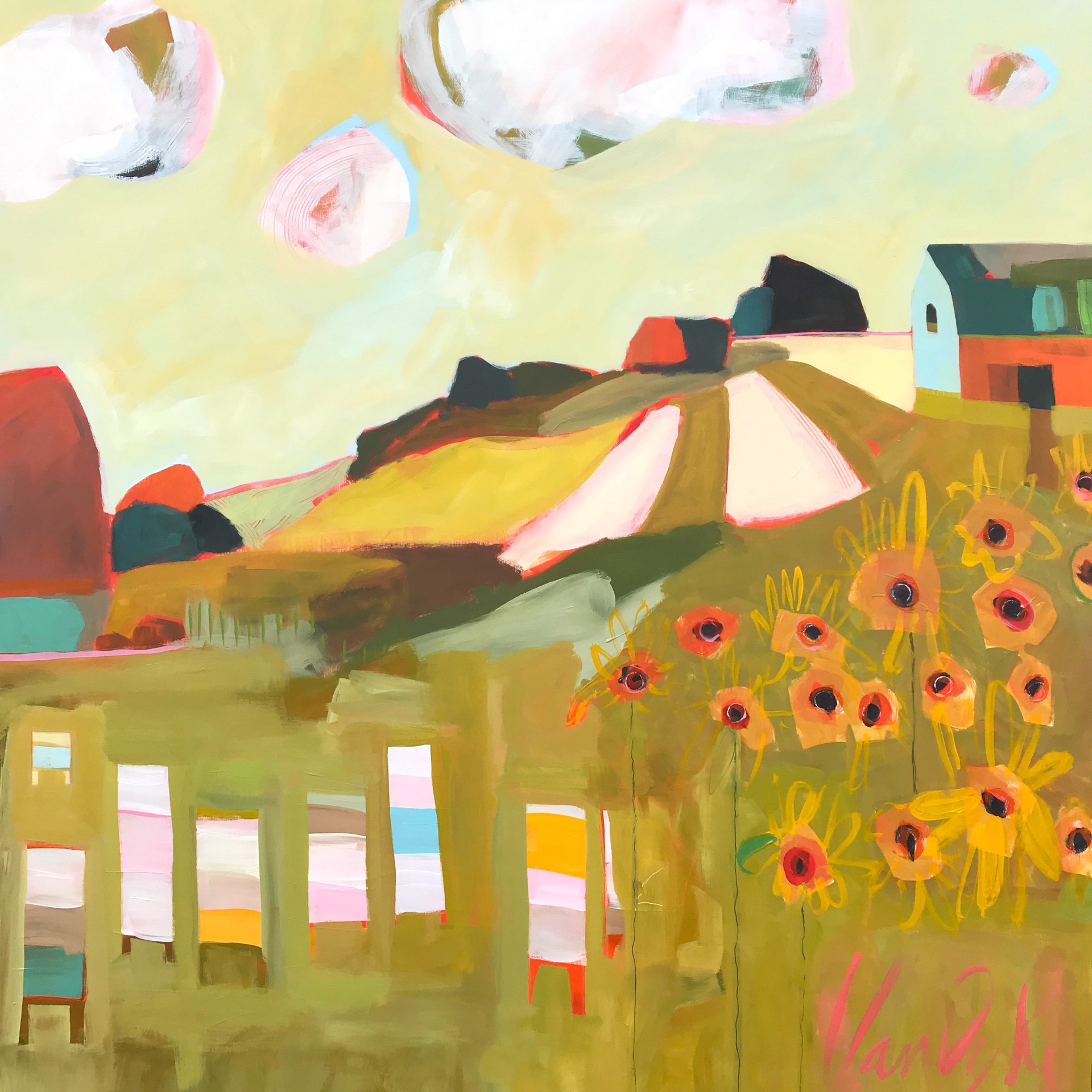 Sunflowers, Barn and Beehives by Rachael Van Dyke