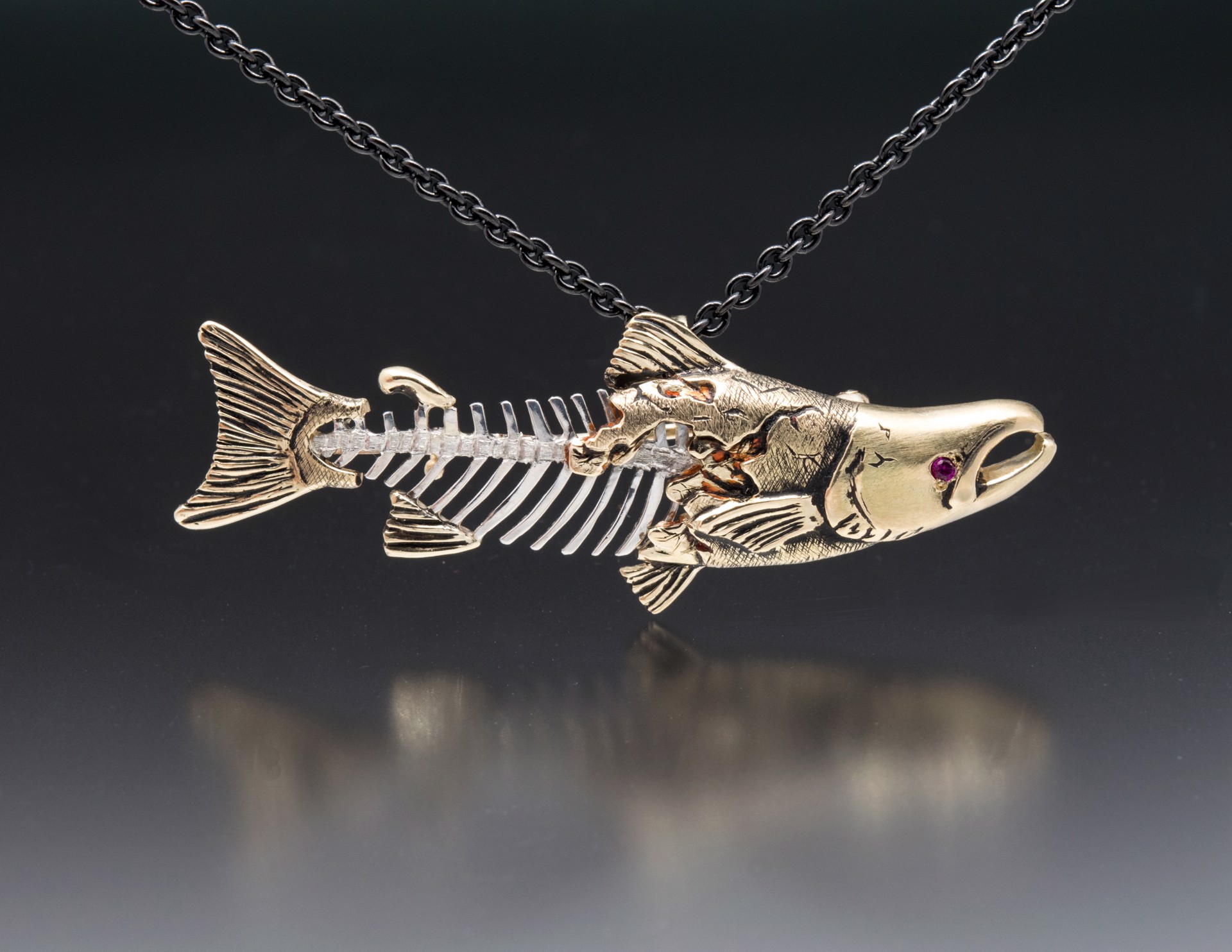 Ghost Salmon Pendant with Ruby and Enamel by Thomas Tietze