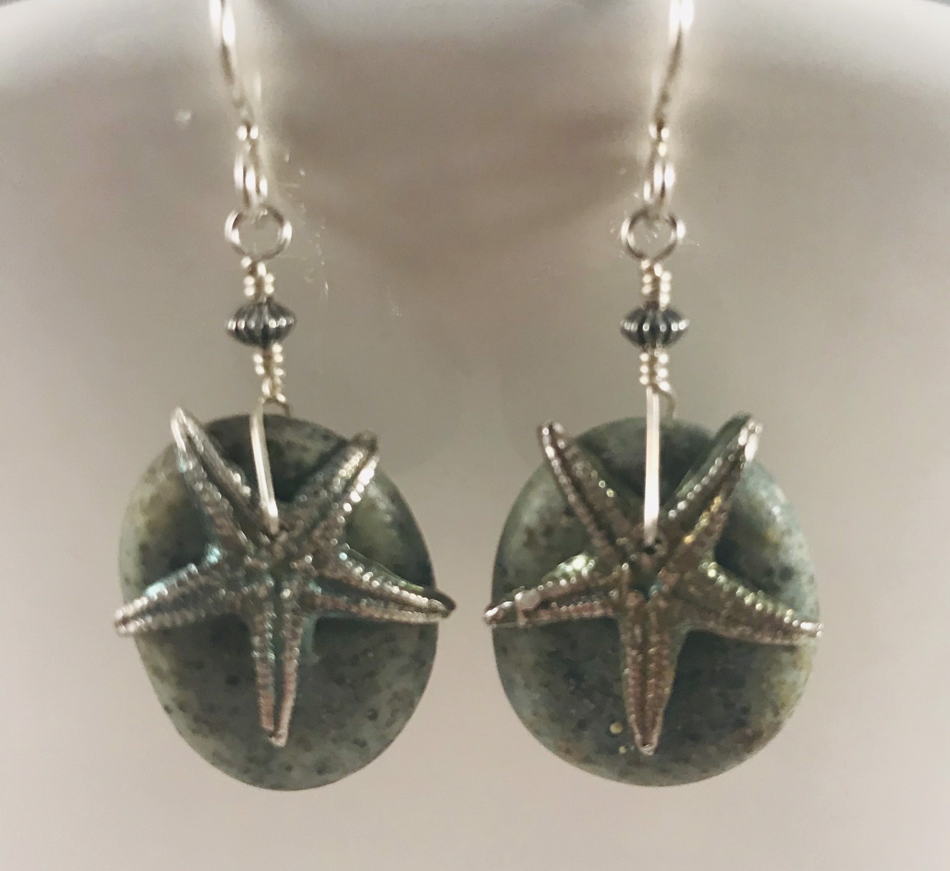 #388 Glass "stone" with fine silver starfish earrings  by Linda Sacra