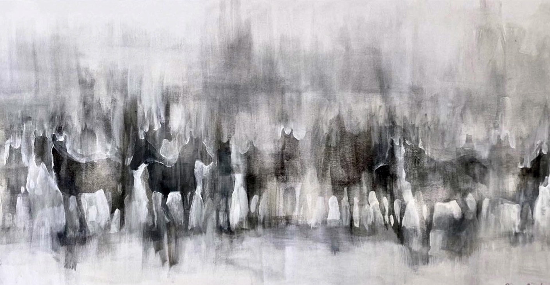 Original Mixed Media Painting By Taryn Boals Featuring A Group of Horses In Ghostly Black And White Silhouette