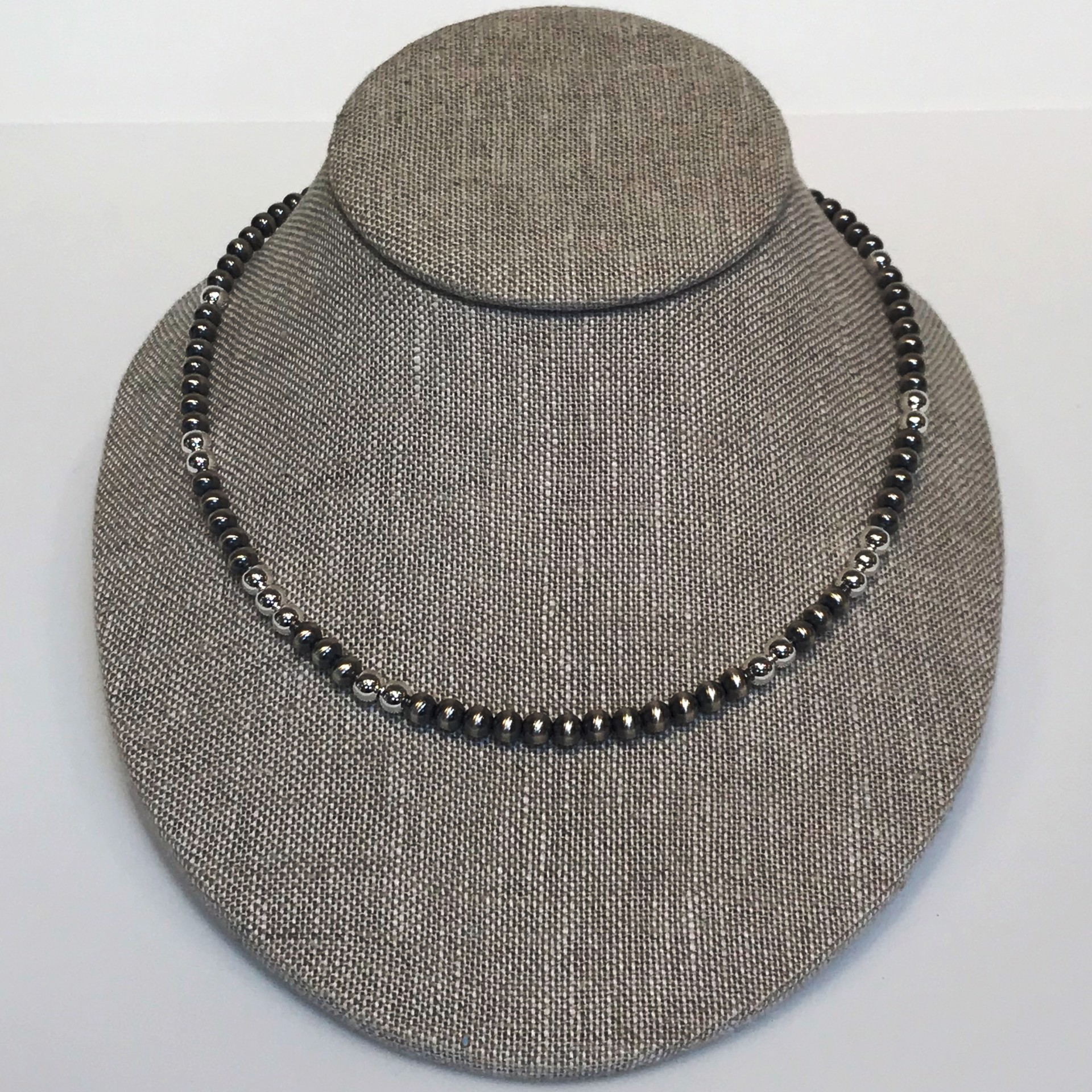 17" Necklace Oxidized Sterling Silver with Sterling Silver 5 mm Beads by Suzanne Woodworth