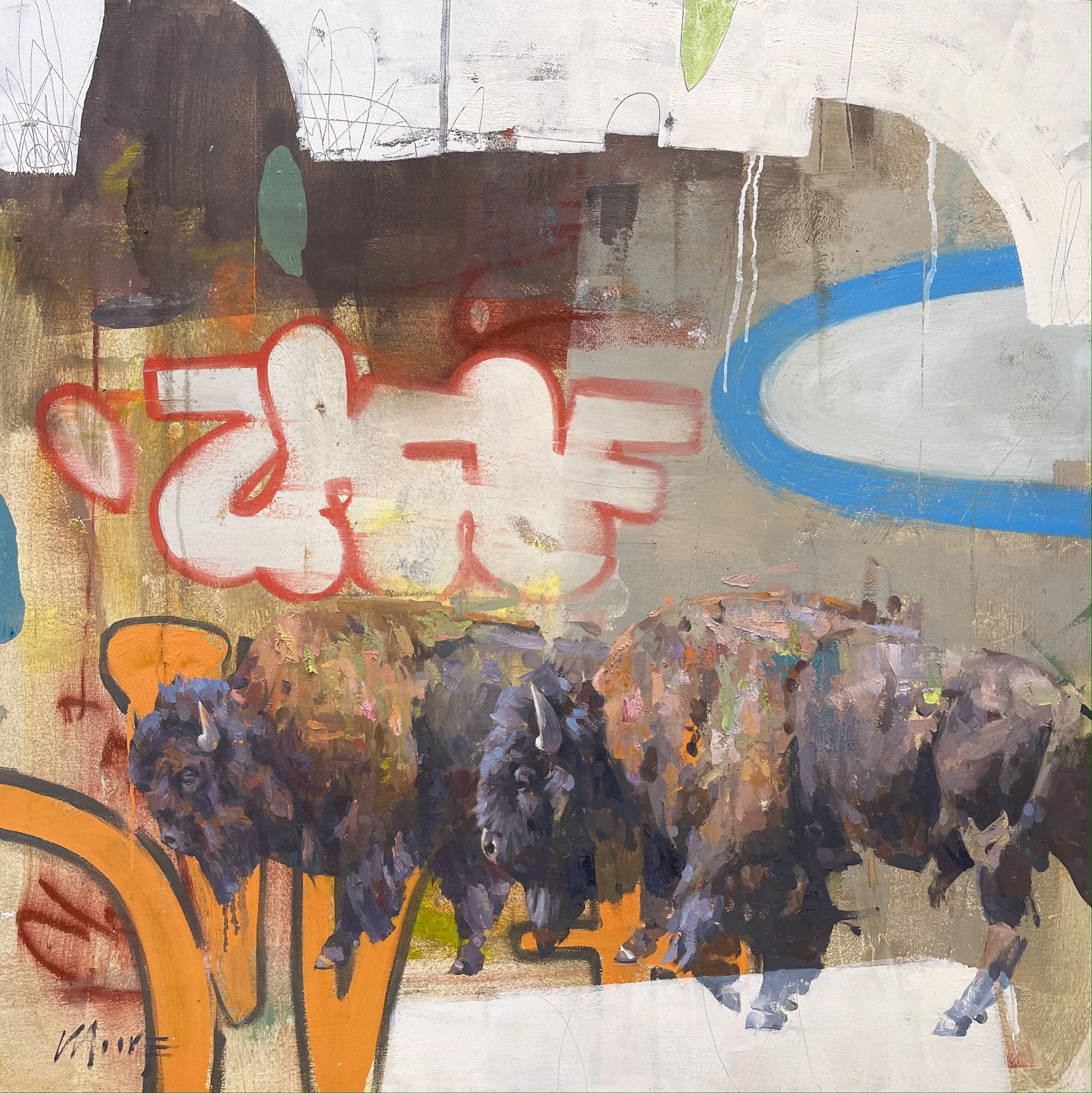 An Oil Painting Of Two Bison Waling With An Abstract Graffiti Style Background, By Larry Moore