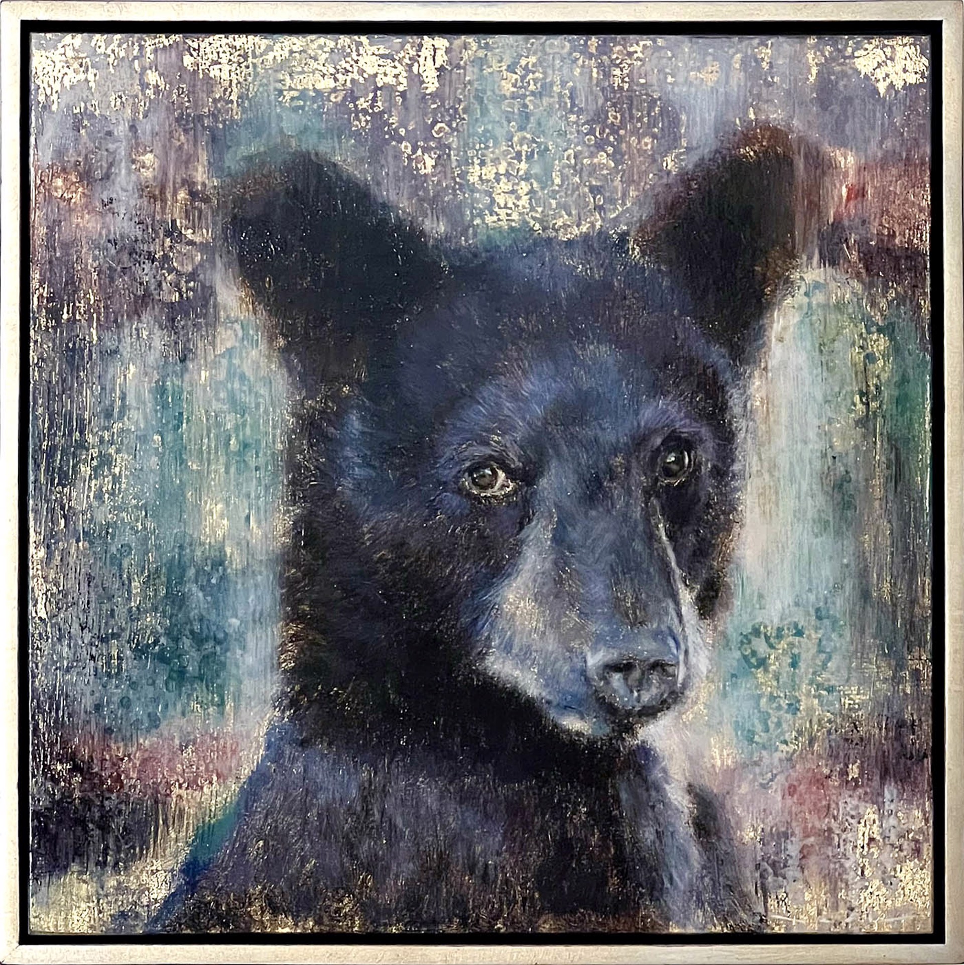 Original Acrylic Painting By Nealy Riley Featuring A Black Bear Cub Over Abstract Background In Teals And Dusty Rose With Gold Leaf Details
