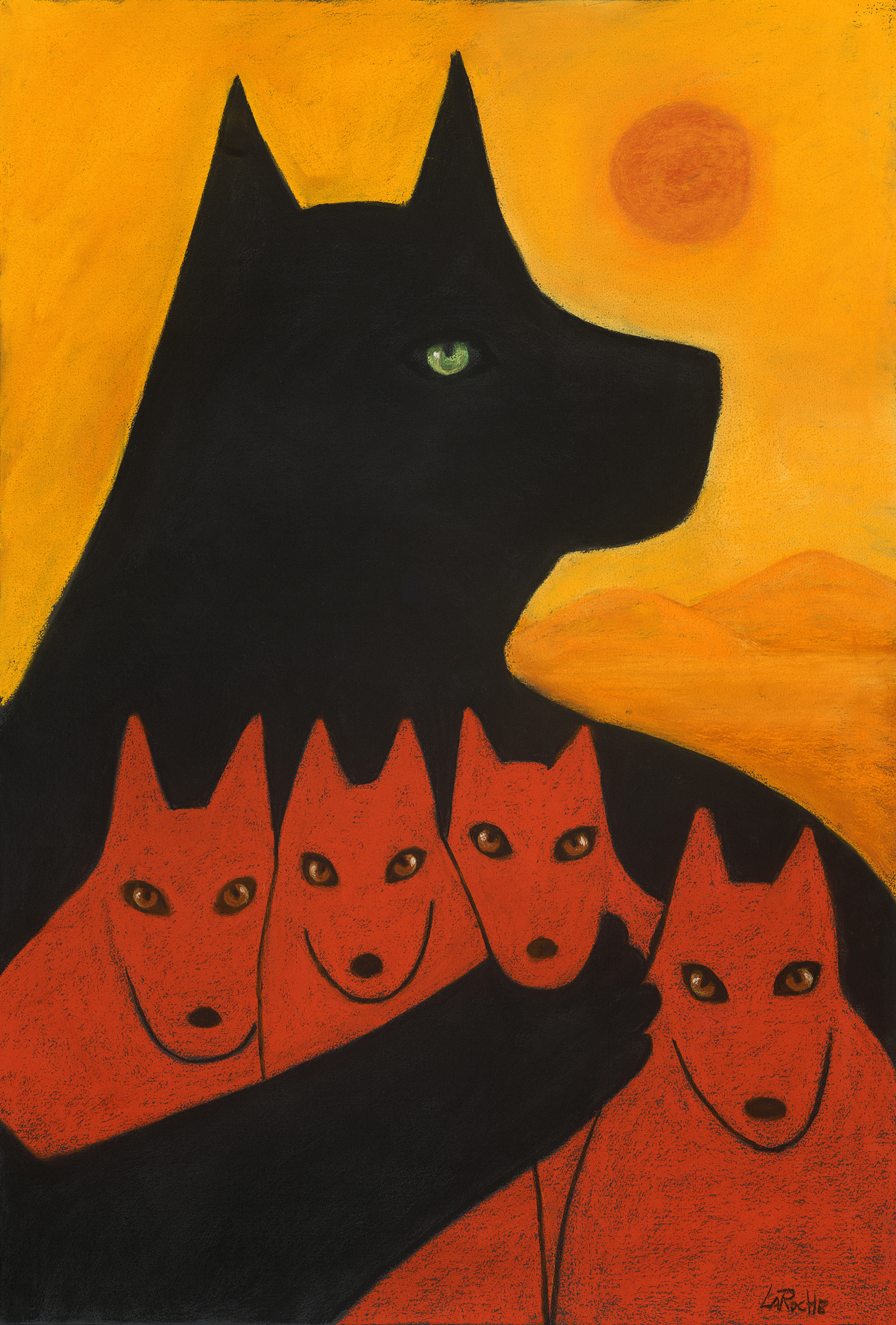 PROTECTOR WITH PUPS - limited edition giclee on canvas (large) 44"x30" $3700 or (medium) 38"x26" $2400 or on paper w/frame size of: (large) 50"x37" $3700 or (medium) 38"x26" $2400 by Carole LaRoche