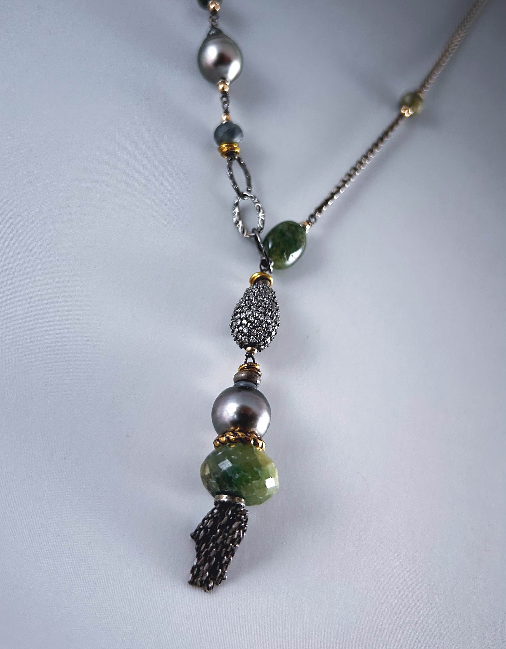 Jade, black pearl, emerald, CZ pave, sterling silver, and gold vermiel Necklace by Jeri Mitrani