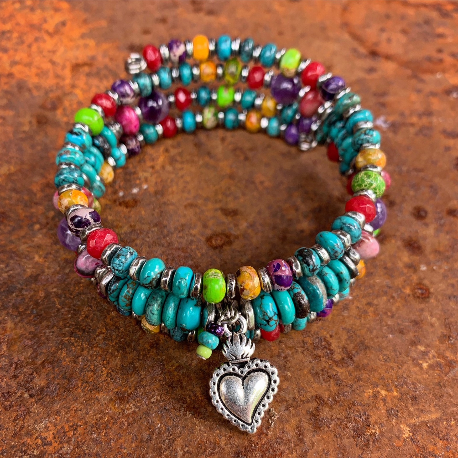 K841 Turquoise and Jasper Sacred Heart Charm Bracelet by Kelly Ormsby