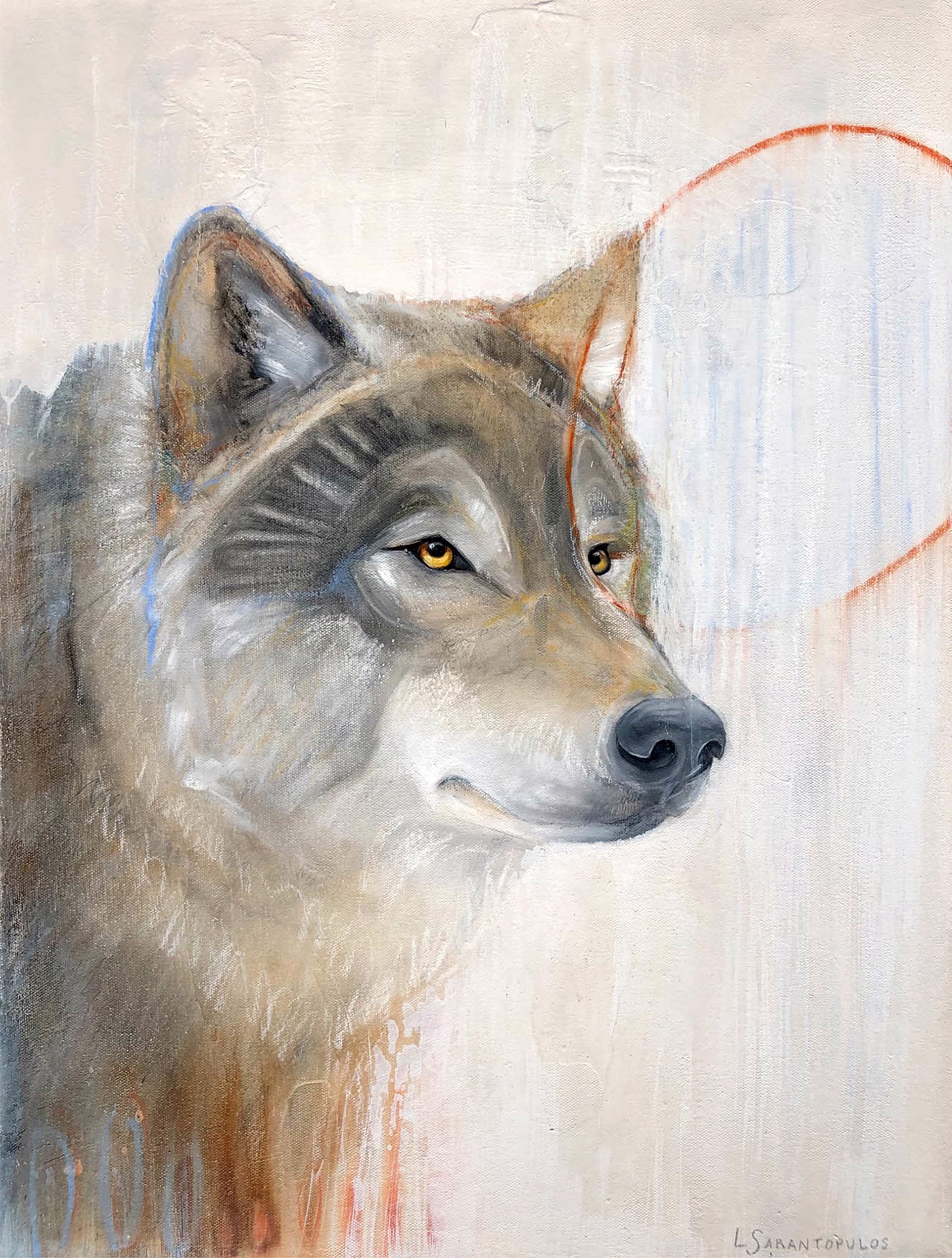 Original Mixed Media Painting Featuring Portrait Style Wolf Head On Abstract Background With Orange Line Detail Around Eye