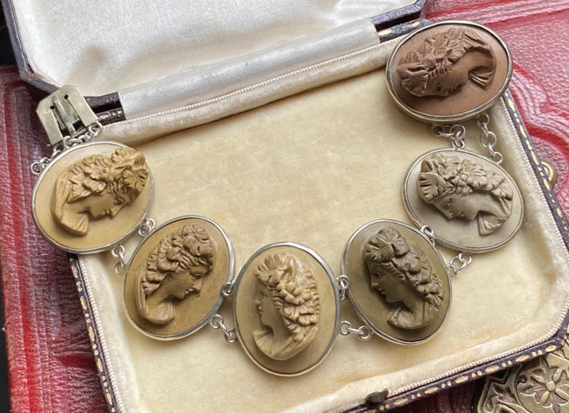 Antique Victorian large high relief multi-goddess bust specimen carved lava cameo bracelet by Cameo