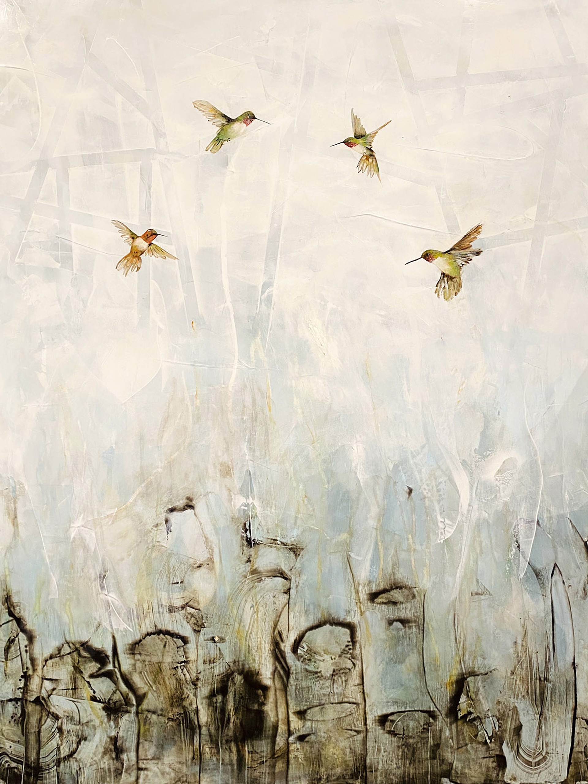 Original Oil Painting By Jenna Von Benedikt Featuring Four Hummingbirds Flying Above Abstracted Background In Vintage Feeling Neutral Tones