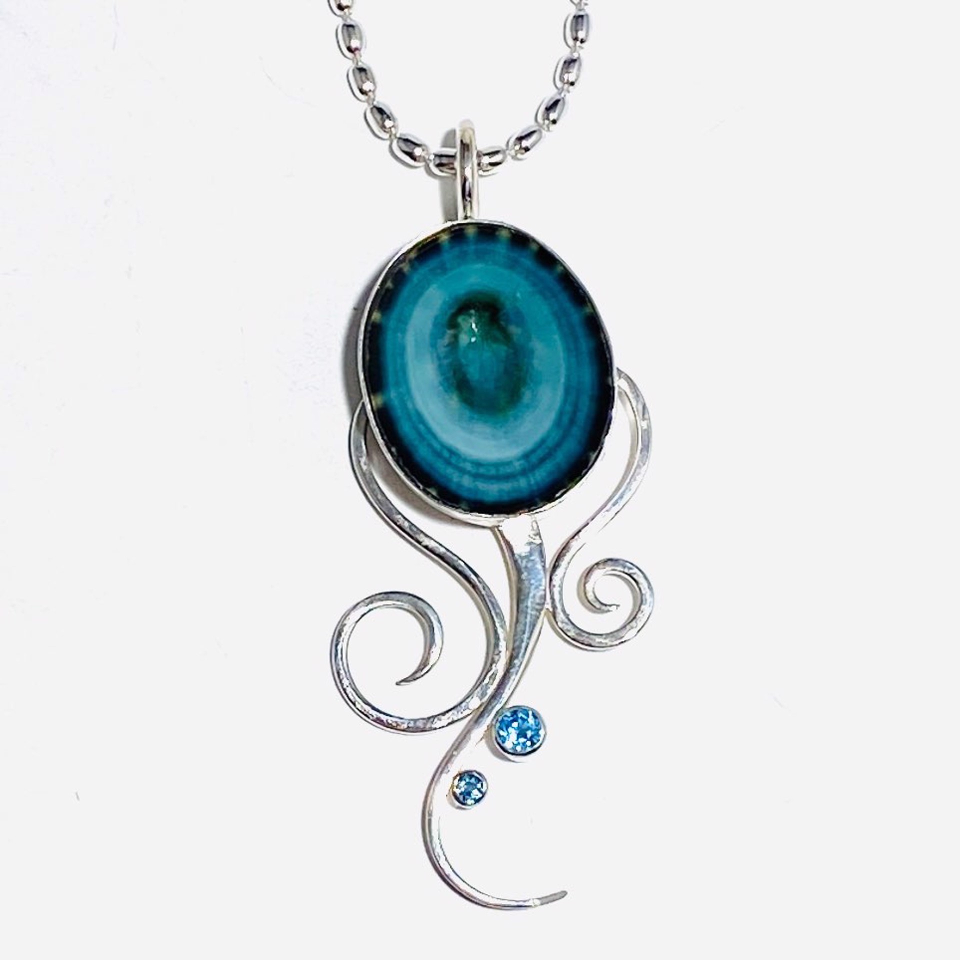 Pacific Coast Aqua Limpet, Swiss and London Blue Topaz Jellyfish Pendant on 18”Silver Rice Chain Necklace BU23-21 by Barbara Umbel