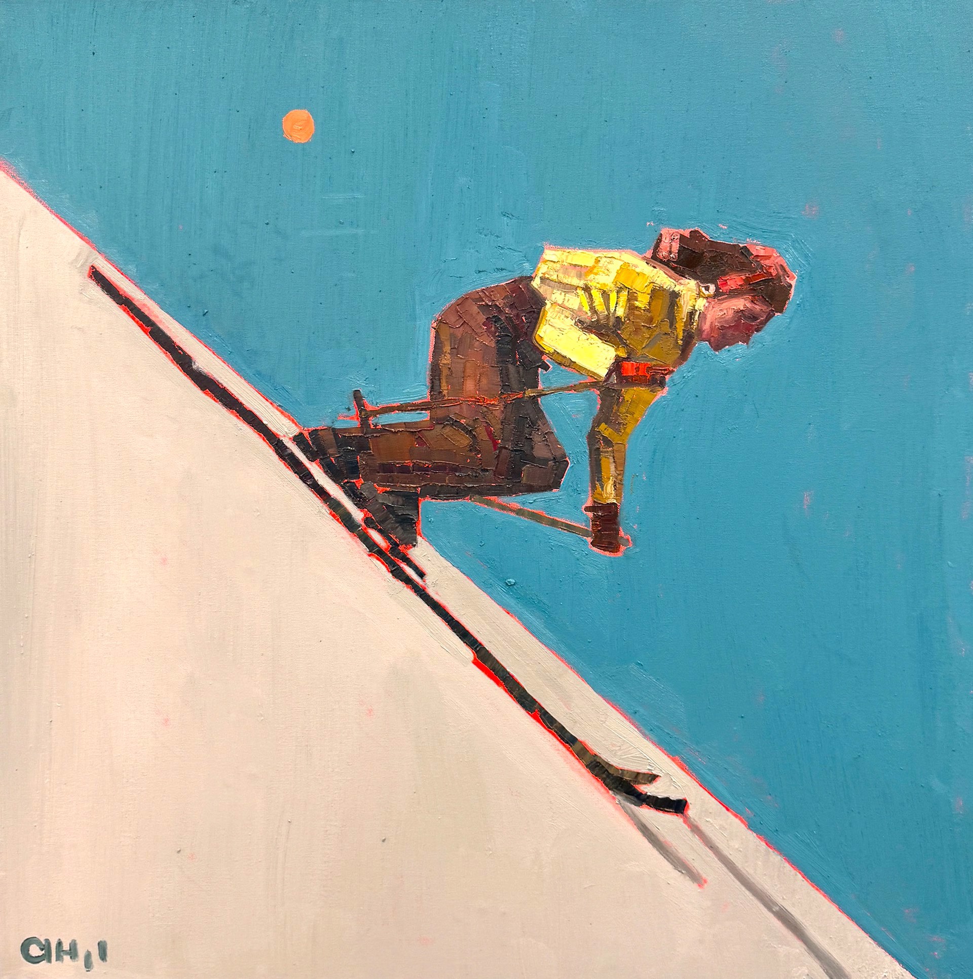 Original Oil Painting By Aaron Hazel Featuring A Vintage Woman Skier 