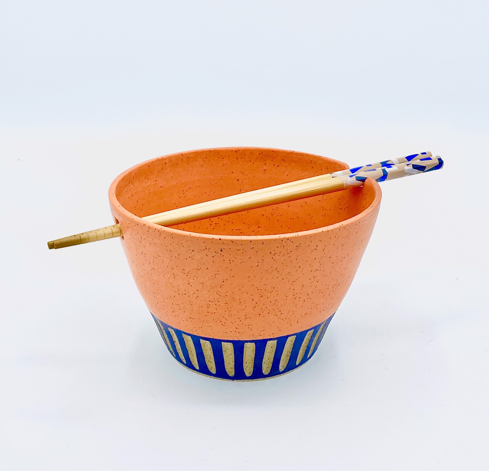 Large Orange and Blue Noodle Bowl by Messy Pots Pottery