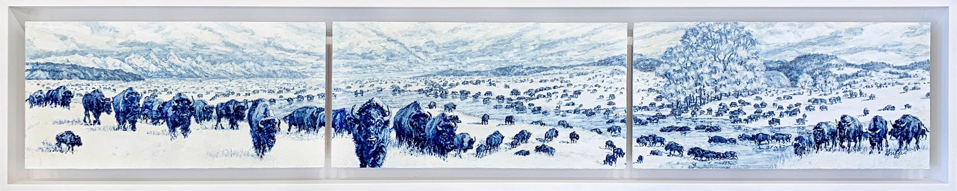 Original Oil Painting By Patricia Griffin Featuring A Herd Of Bison Across A Mountain Landscape In Blue Monochrome Color Palette