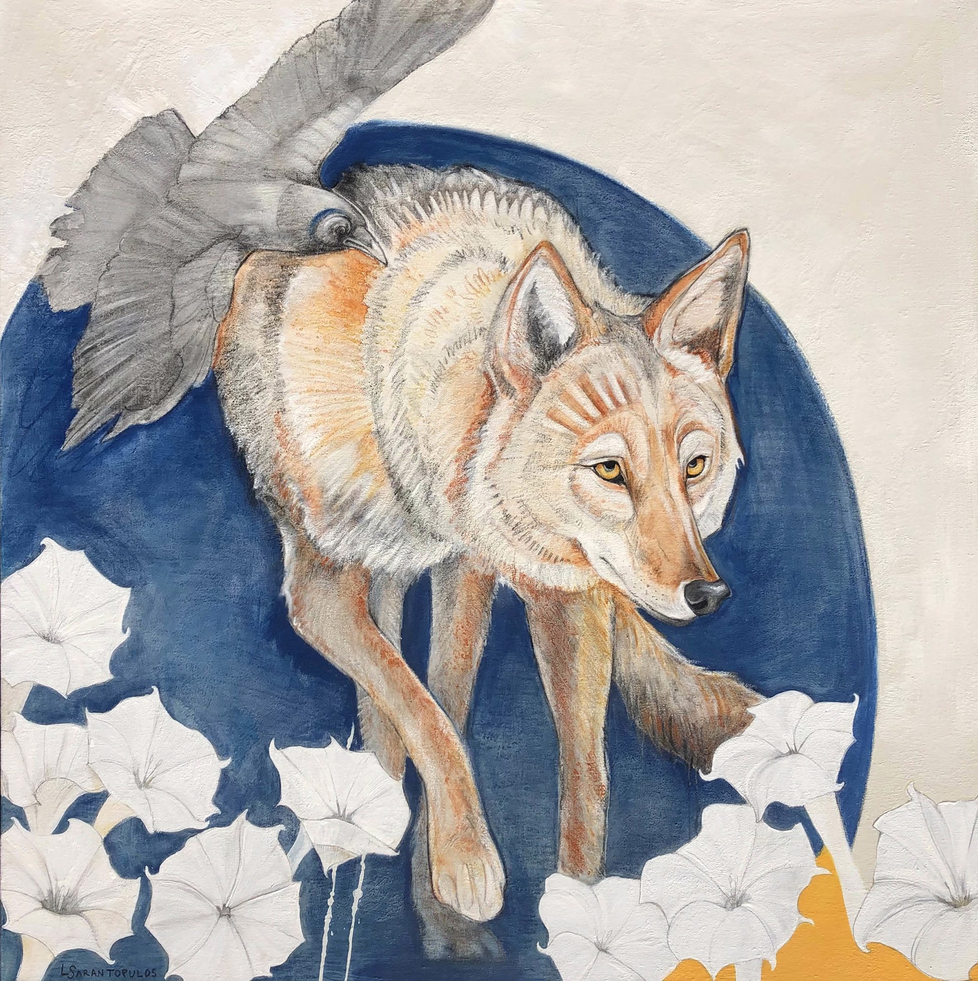 Original Mixed Media Painting Featuring A Fox And Raven Over Abstract Background With Blue Circle And White Flower Details