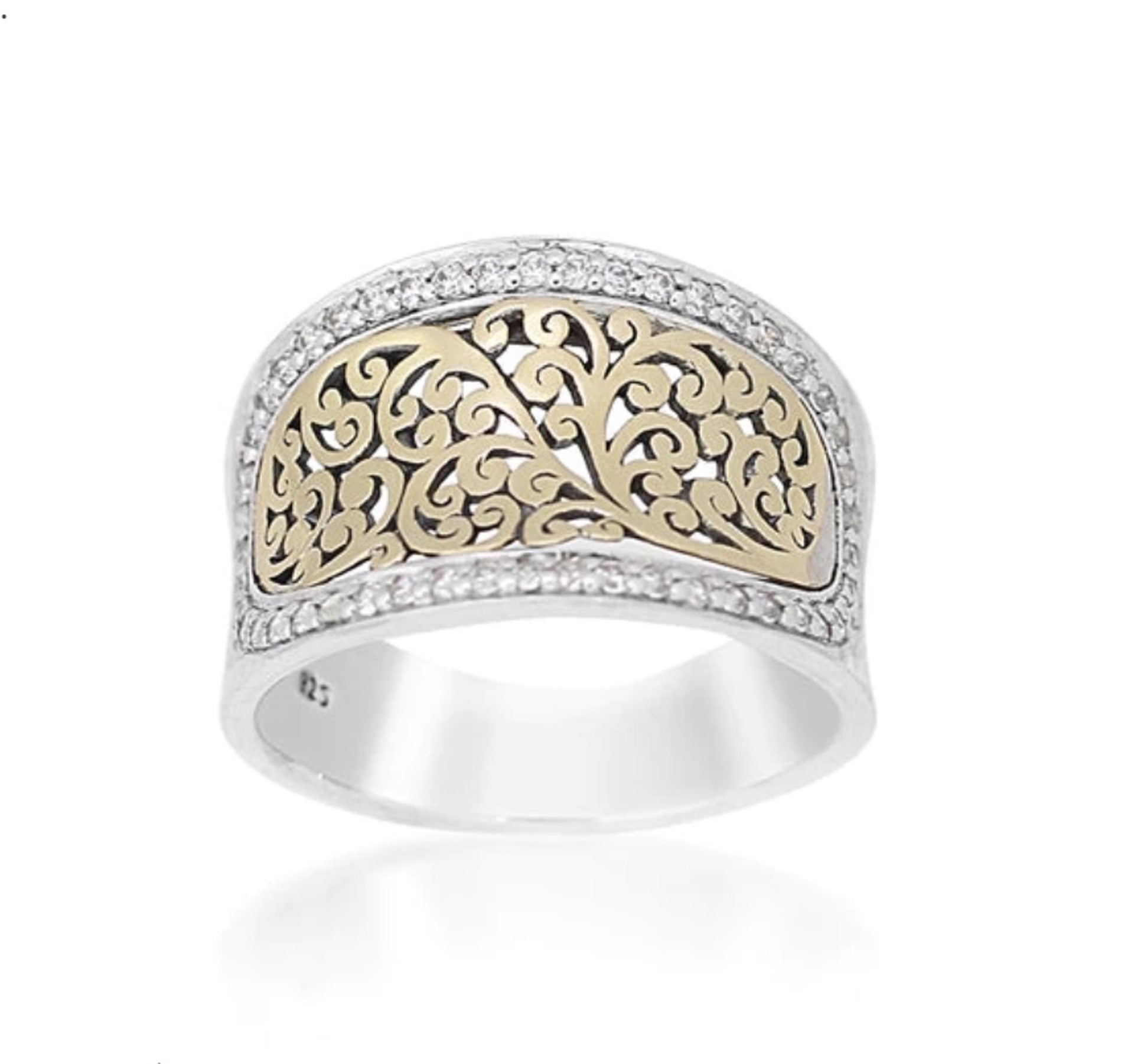 1008 18K & White Diamond Boarder Concave Open Scroll Medium Width Tapered Ring by Lois Hill