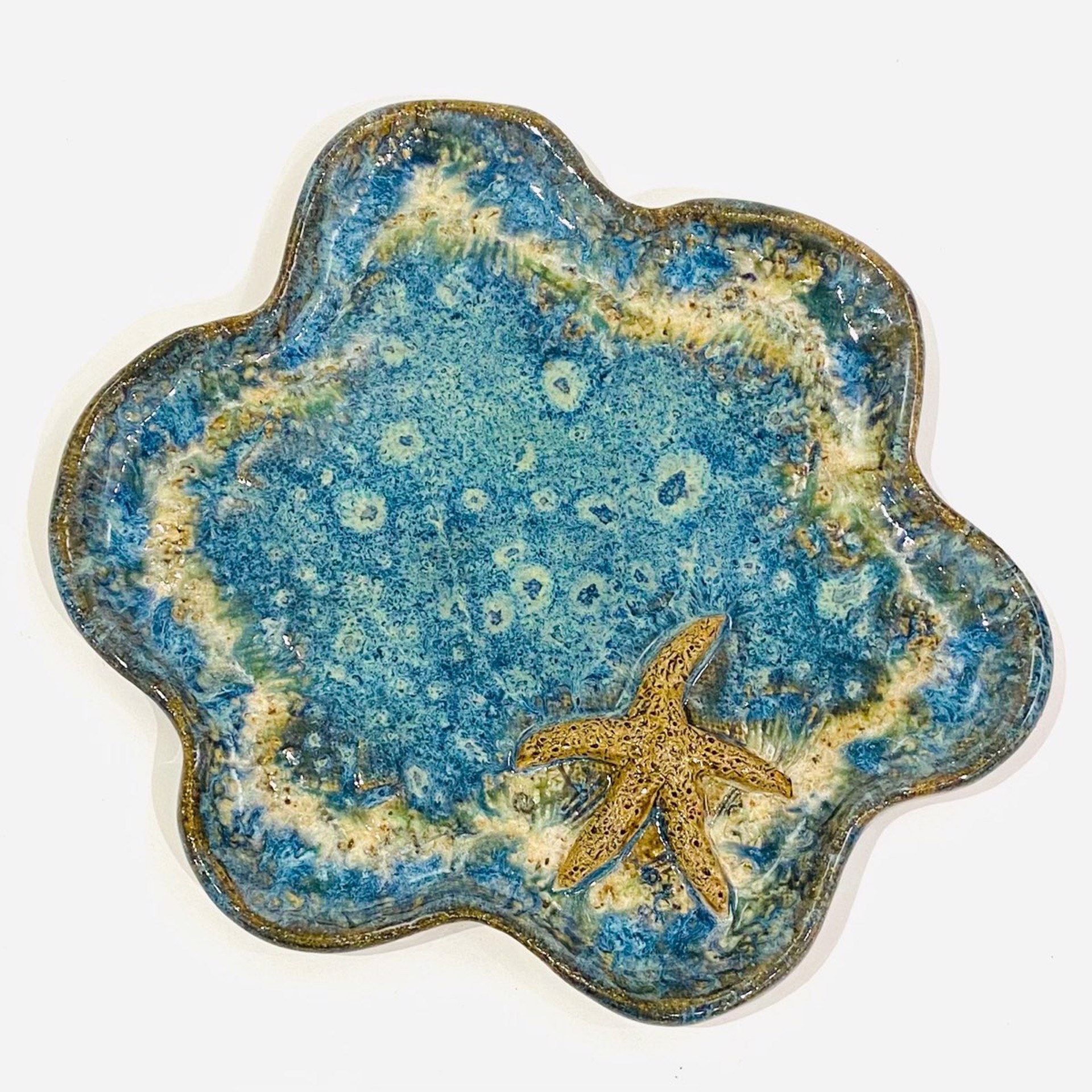 LG22-915 Small Plate with Starfish (Blue Glaze) by Jim & Steffi Logan