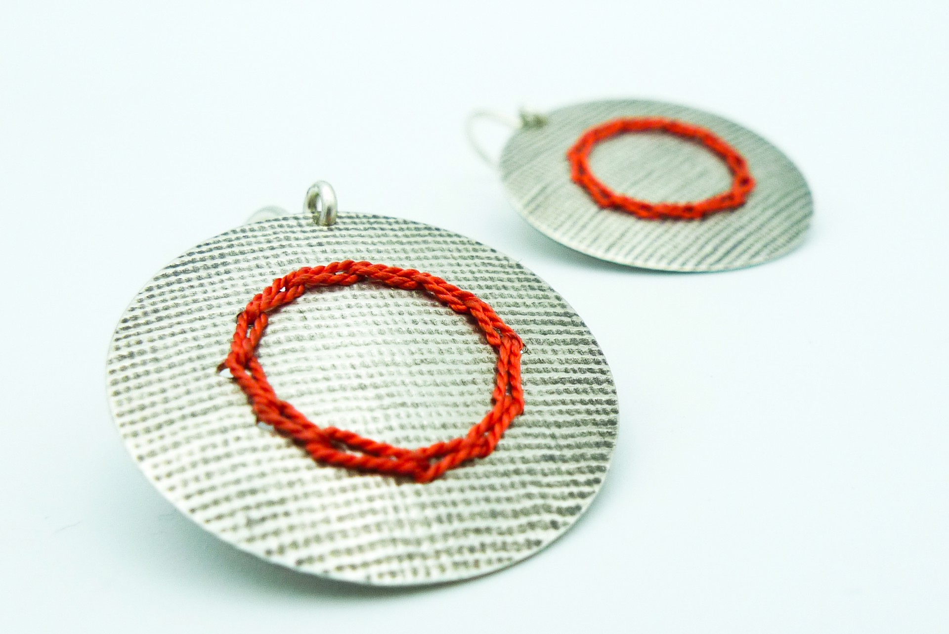 Earrings with Coral Colored Silk by Erica Schlueter