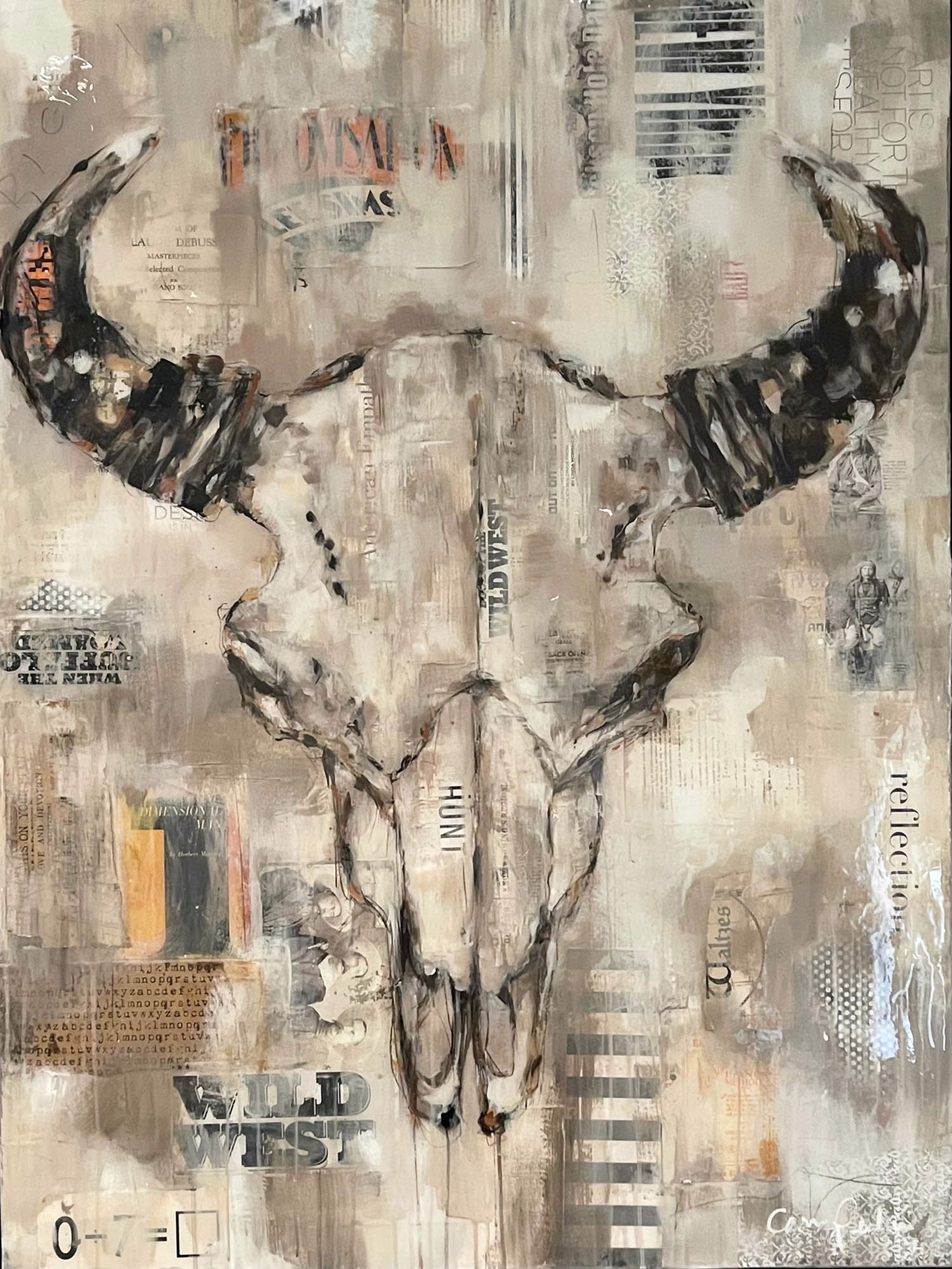 A Contemporary Painting Of A Bison Skull With A Collage Background By Carrie Penley At Gallery Wild