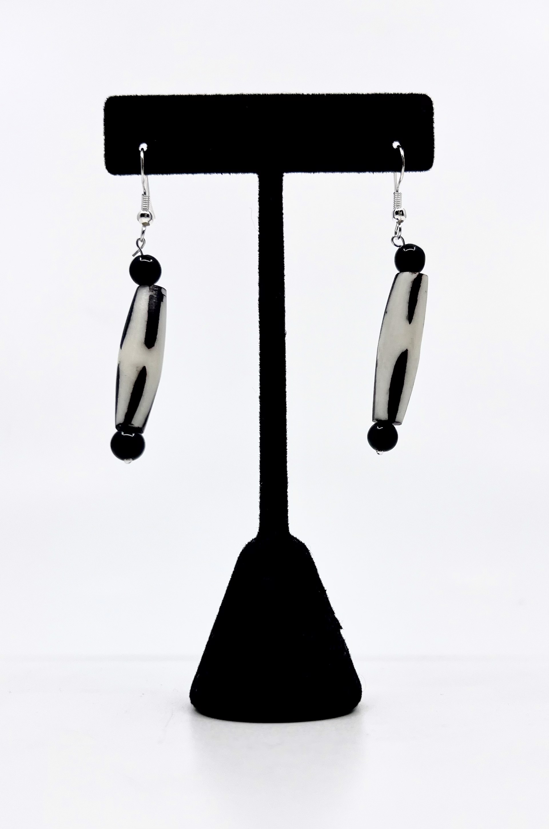 Batik Bone Earrings with Two Black Beads by Gina Caruso