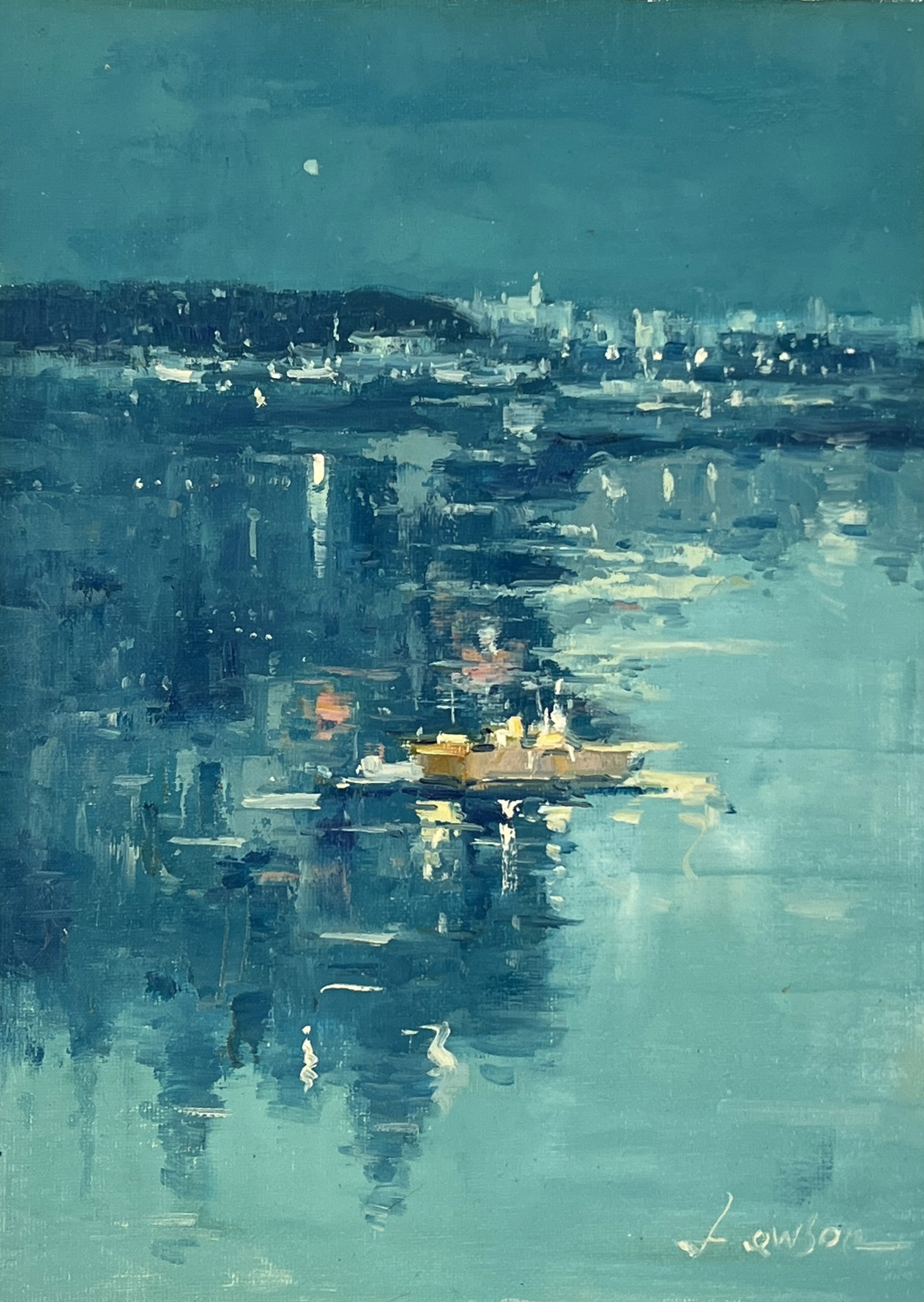 BOAT COMING INTO HARBOR AT NIGHT by LAWSON