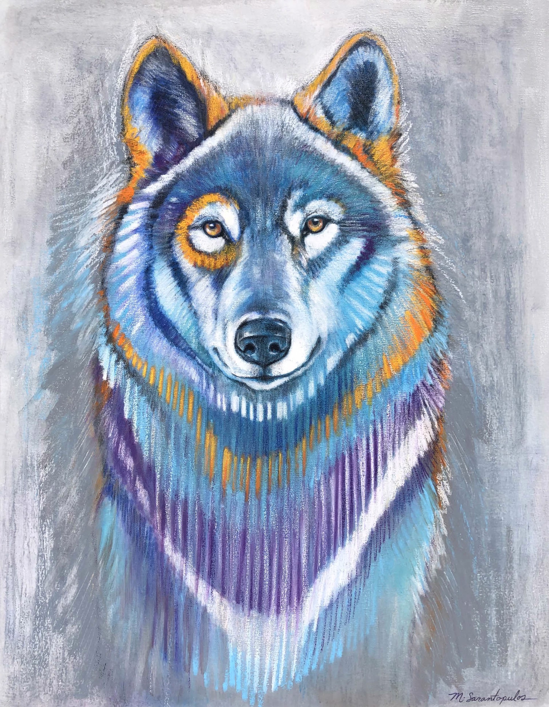 Original Mixed Media Painting Featuring A Wolf Portrait In Blues Over Gray Background