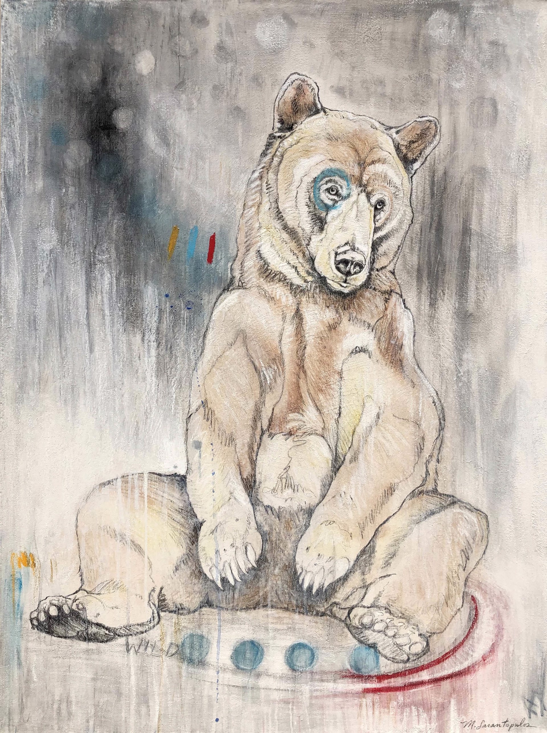Original Mixed Media Painting Featuring A Sitting Bear Sketched Onto Abstract Gray Background With Doodle Details