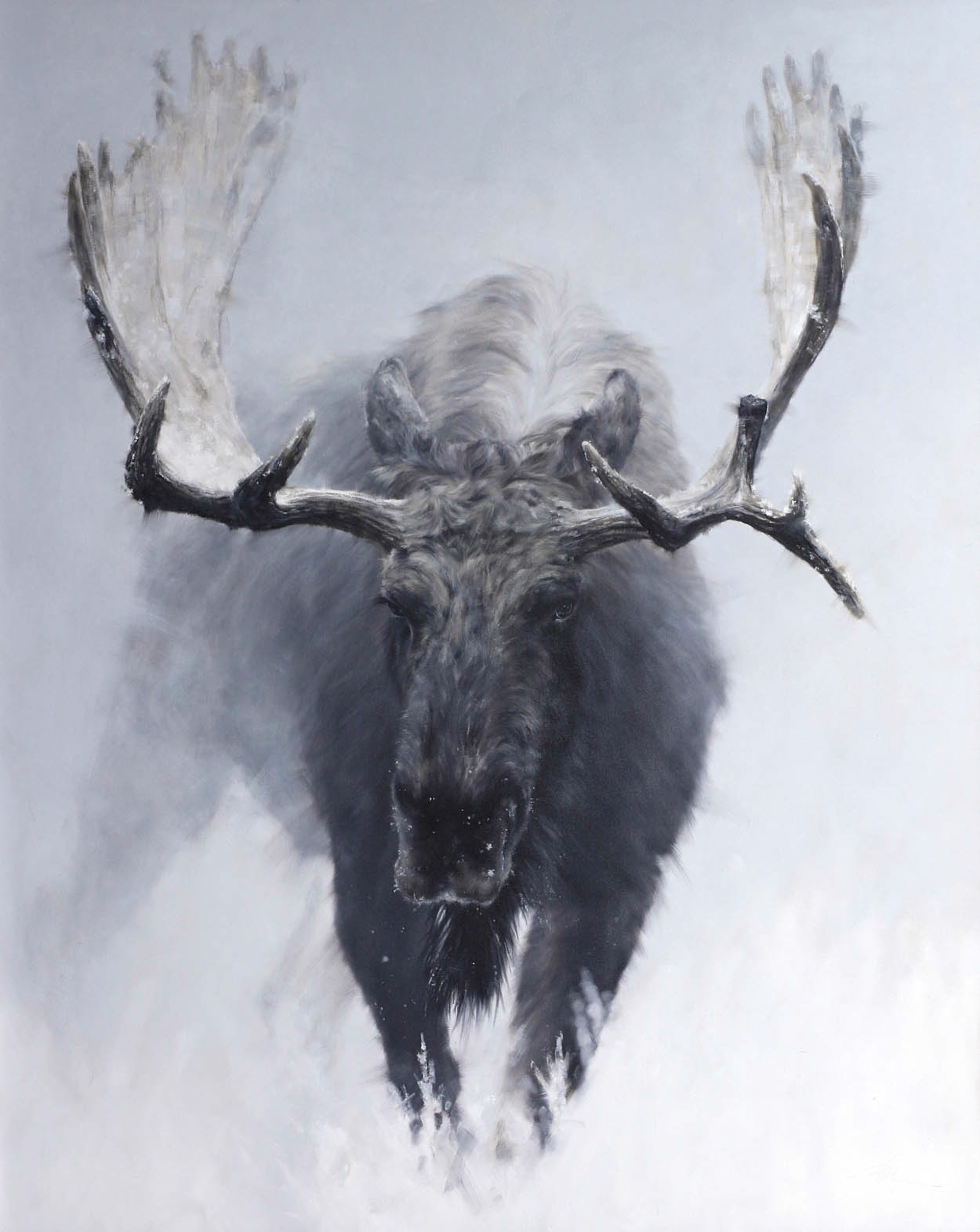Original Oil Painting Featuring A Moose Fading Into Light Gray Background