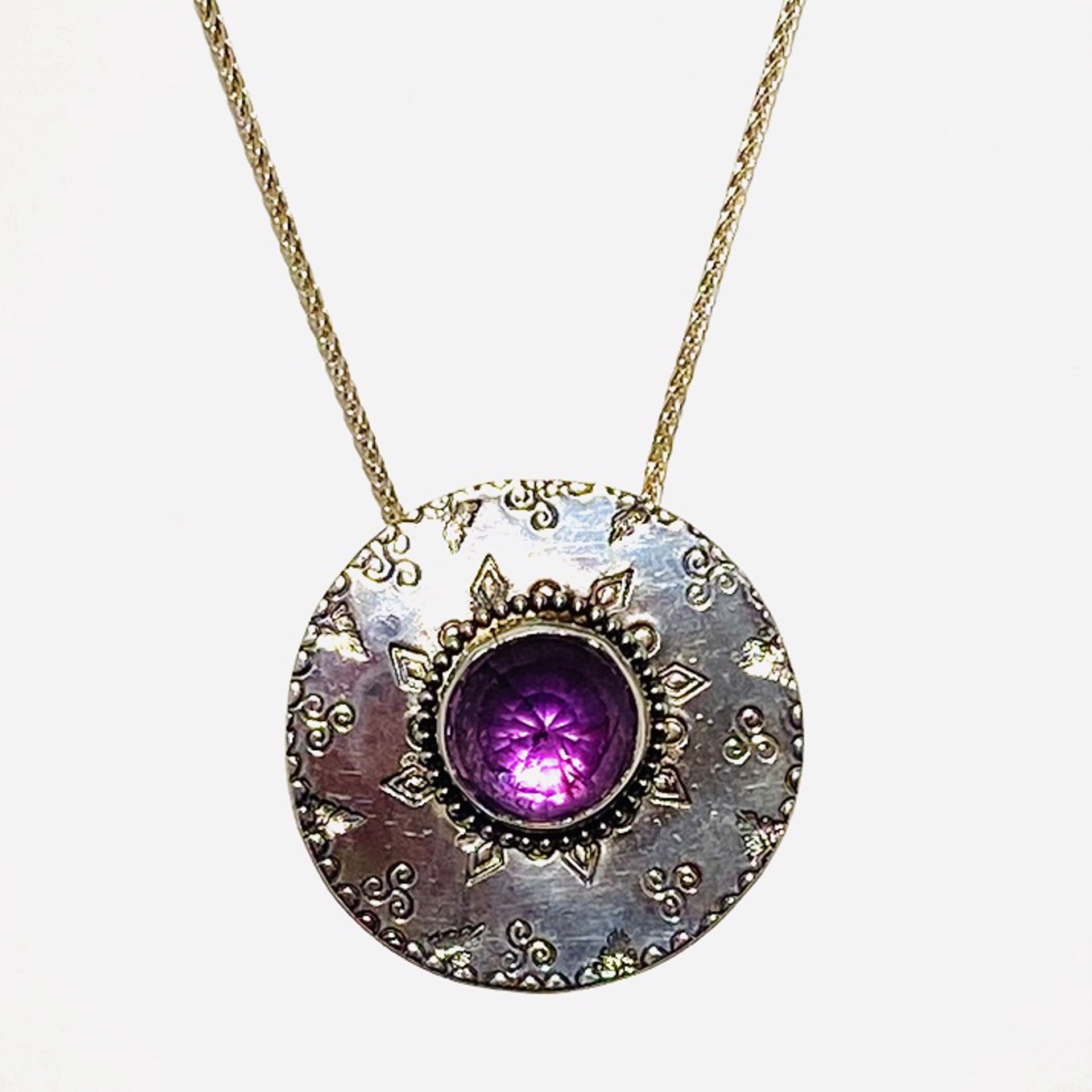 AB23-40 Hand-stamped Circle Medallion Faceted Amethyst Focal Slim Leather cord by Anne Bivens