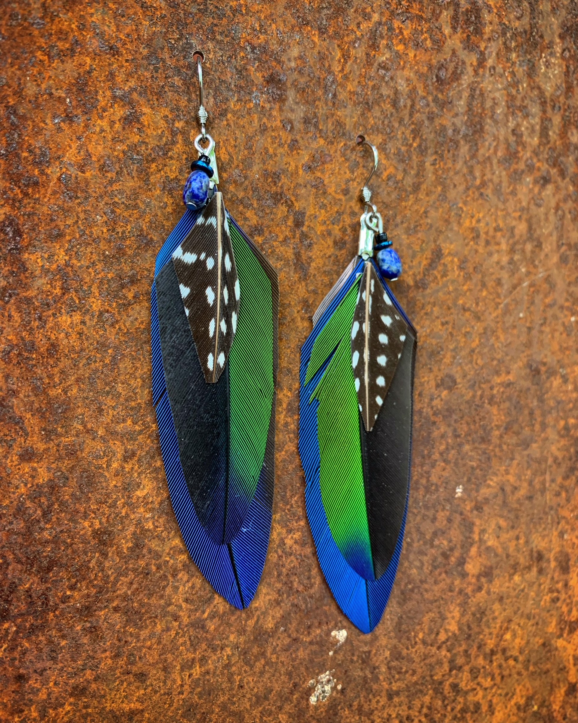 K837 Blue and Green Parrot Earrings by Kelly Ormsby