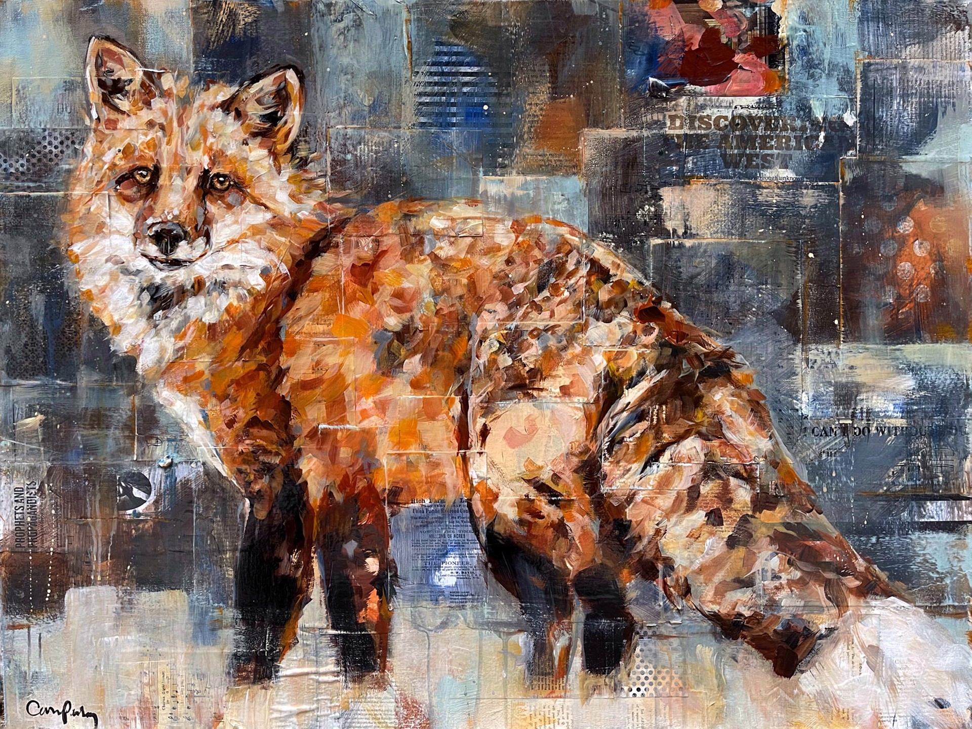Original Mixed Media Painting By Carrie Penley Featuring A Fox On Collage Background