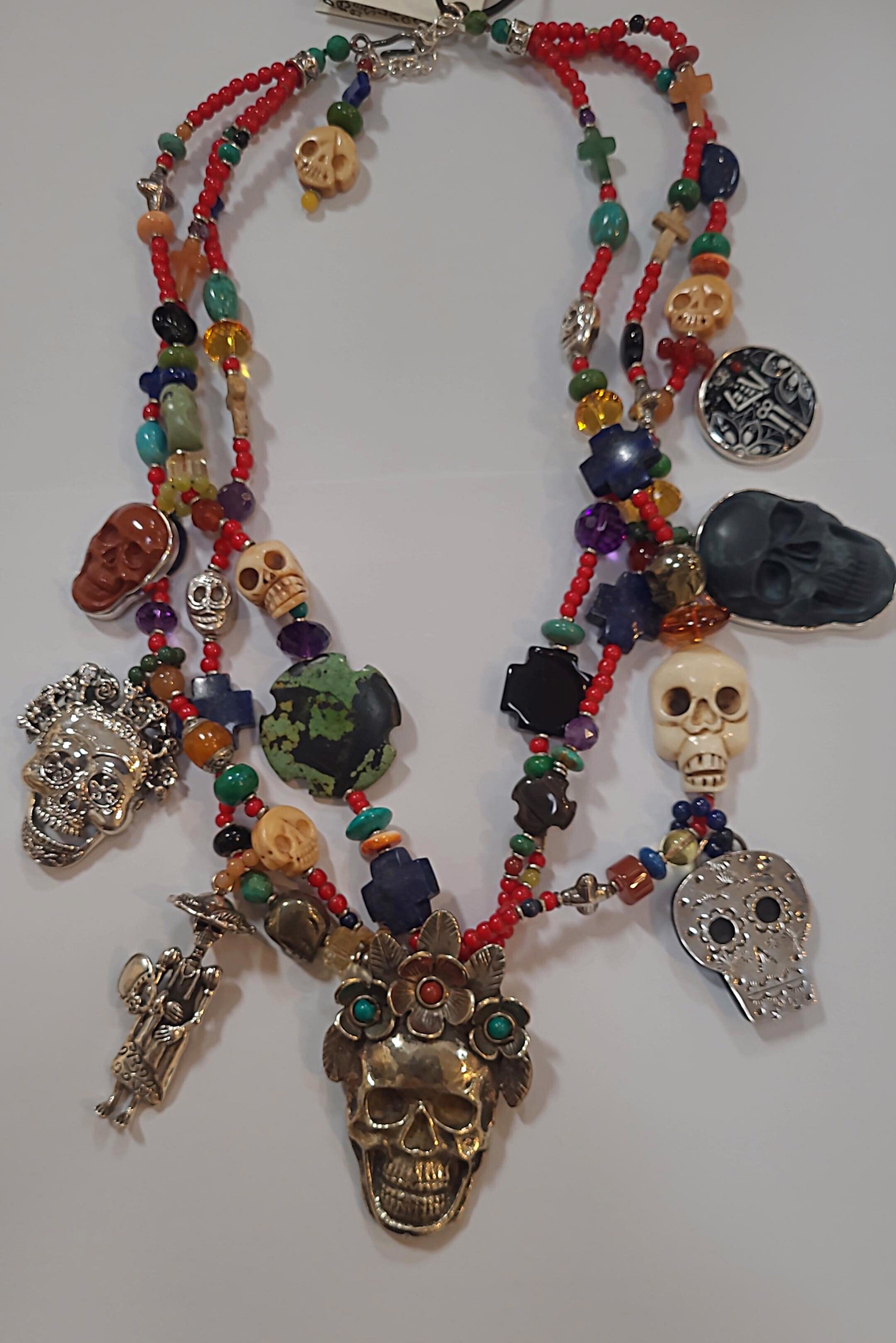 KY 1495 - Necklace 3 Strand Red Multi Strand Catrina Day of the Dead by Kim Yubeta