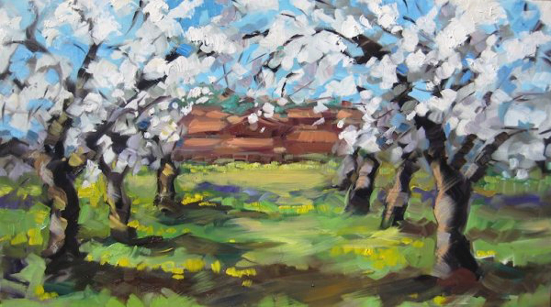 View Of The Villages Through Cherry Blossoms by Maria Bertrán