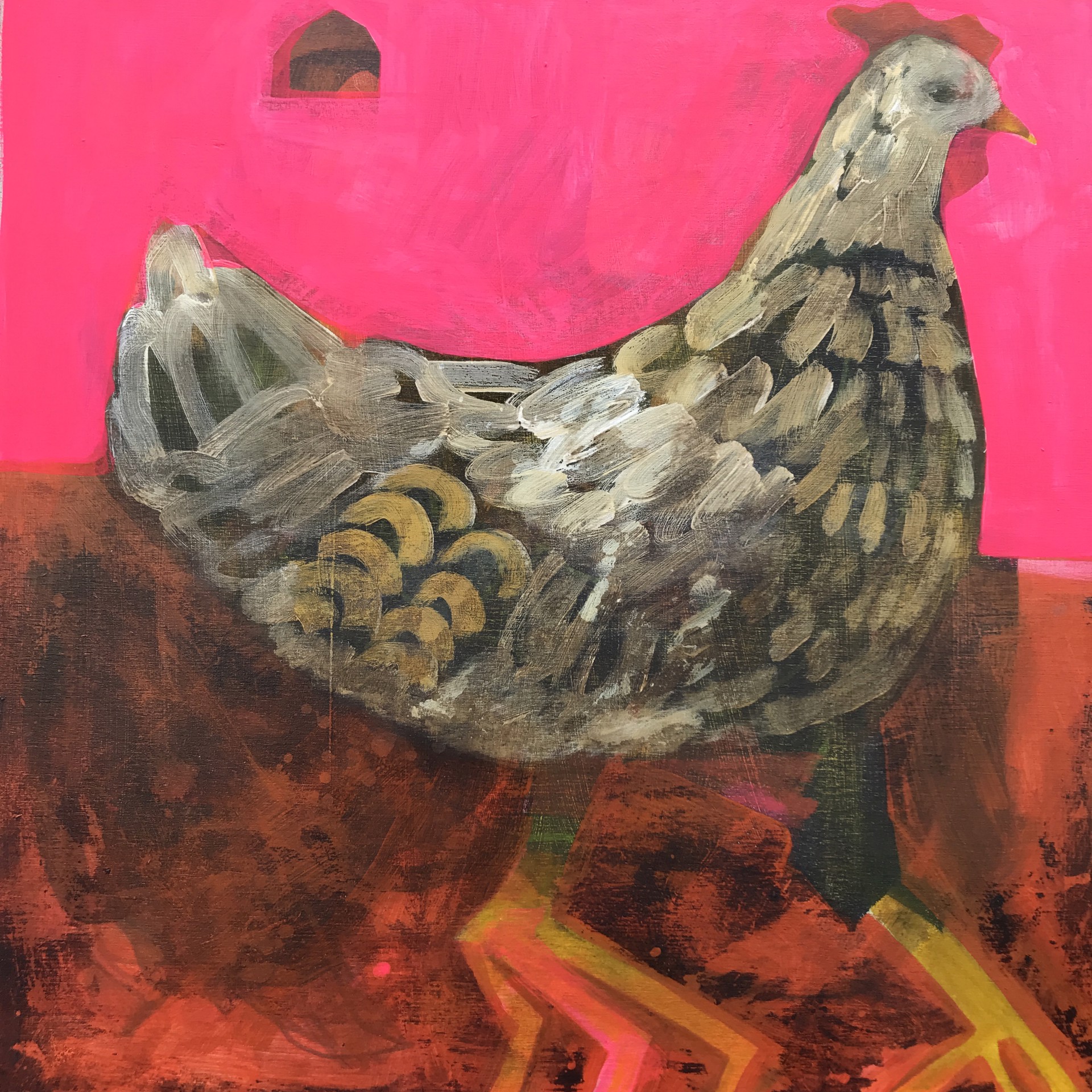 Hen and Barn on Hot Pink by Rachael Van Dyke