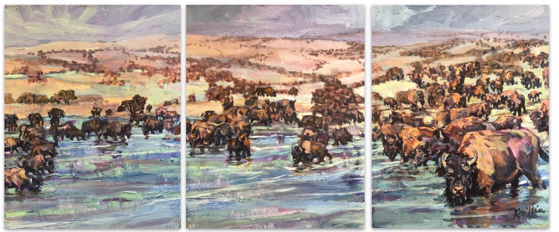 Original Triptych Oil Painting By Patricia Griffin Of Bison Herds In A Valley, Available At Gallery Wild