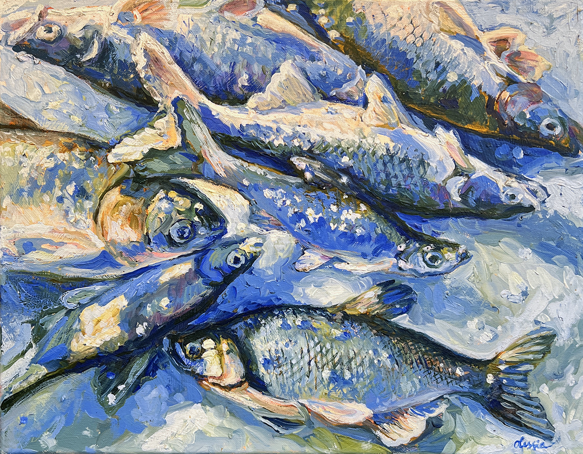 "Winter Catch at Amur River" original oil painting by Olessia Maximenko