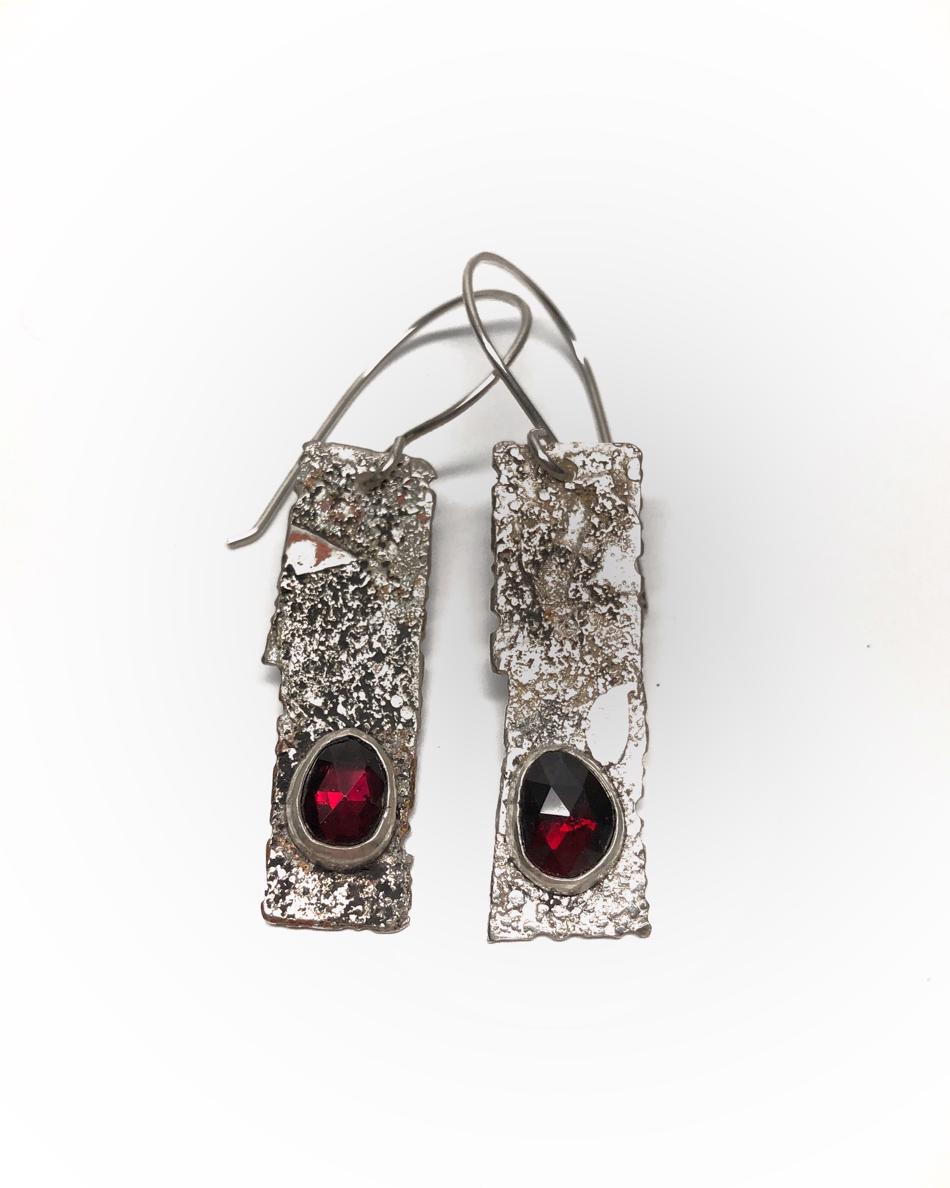 Textured Silver and Garnet Dangle Earrings by Carli Schultz