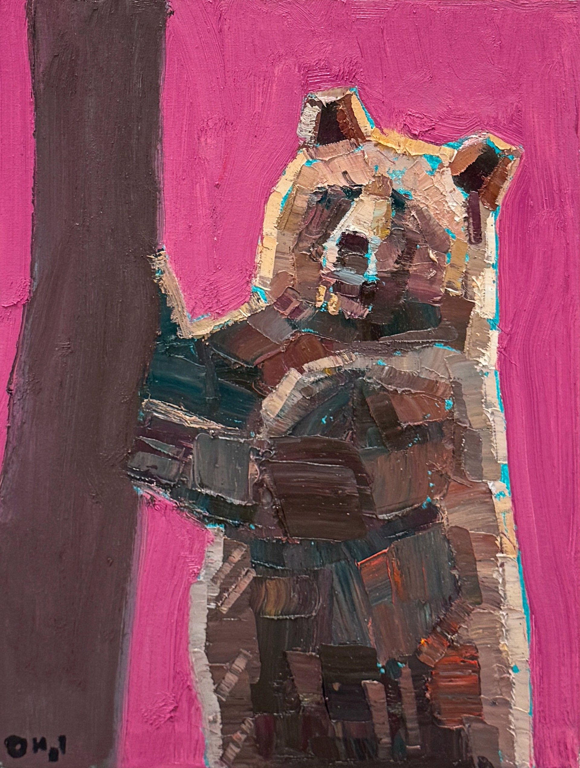 Original Oil Painting By Aaron Hazel Featuring A Grizzly Bear On A Pink Background