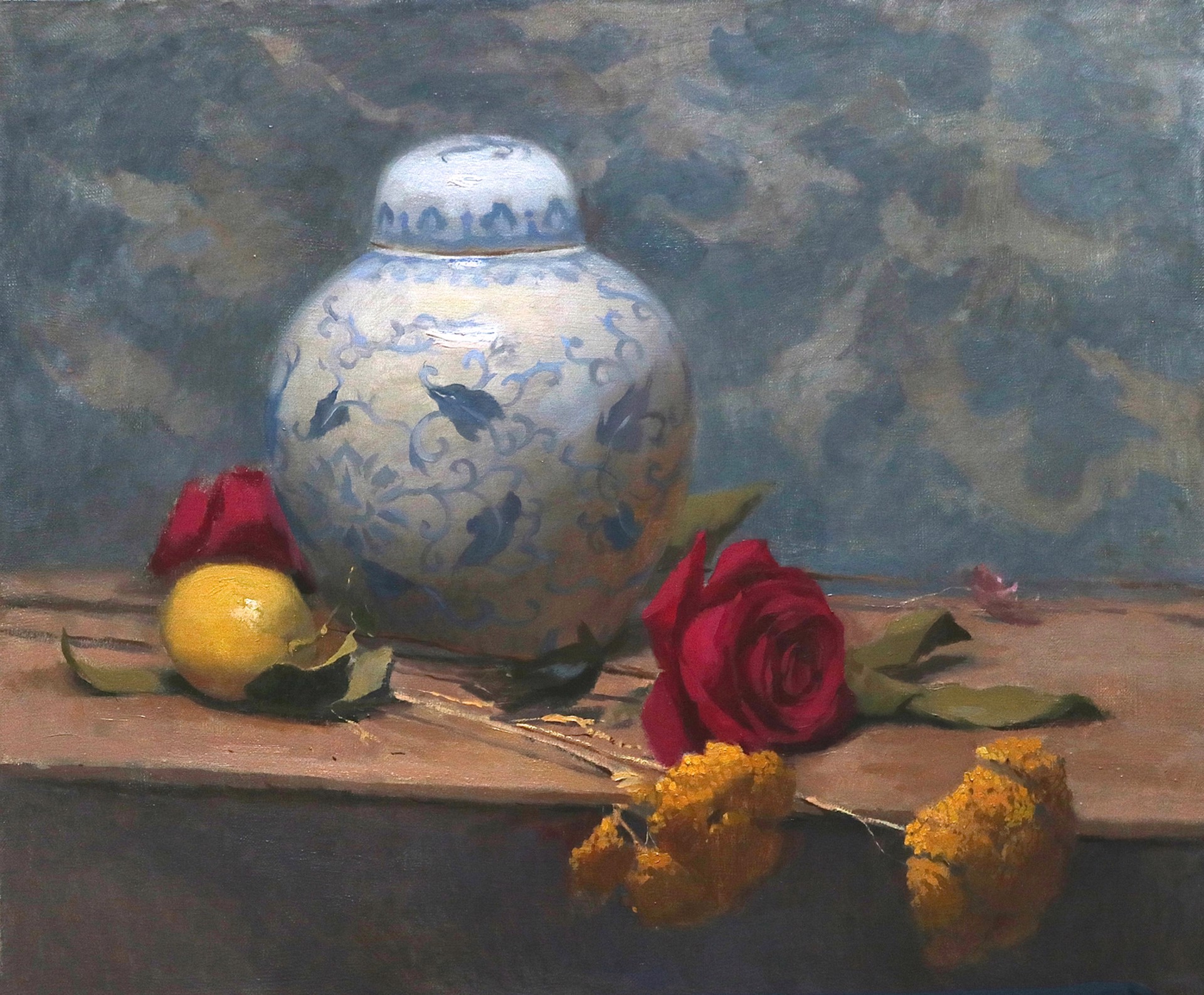 Composition with Blue China and Flowers by Tanvi Pathare