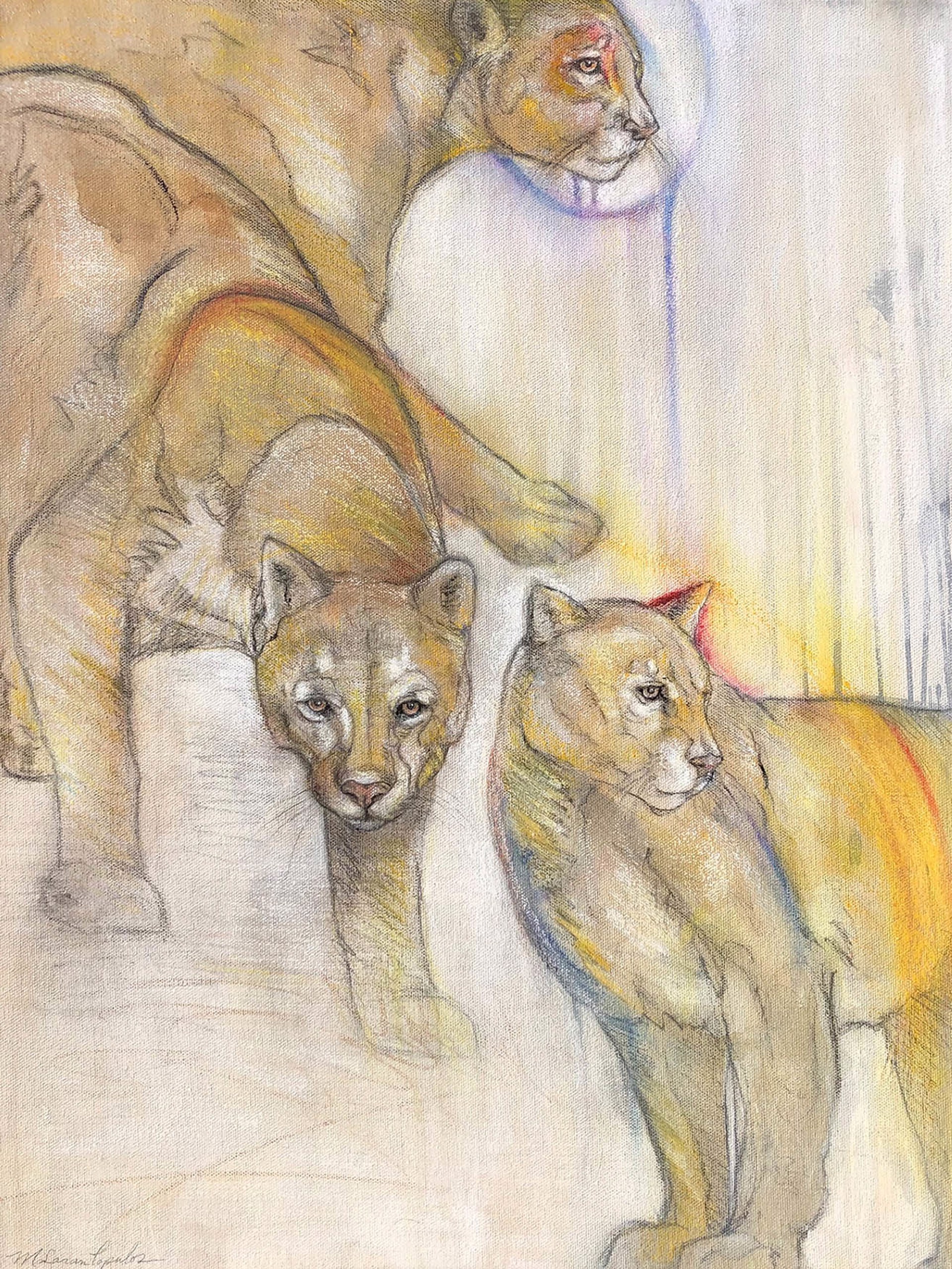 Original Mixed Media Painting Featuring Three Cougars With Abstract Details 