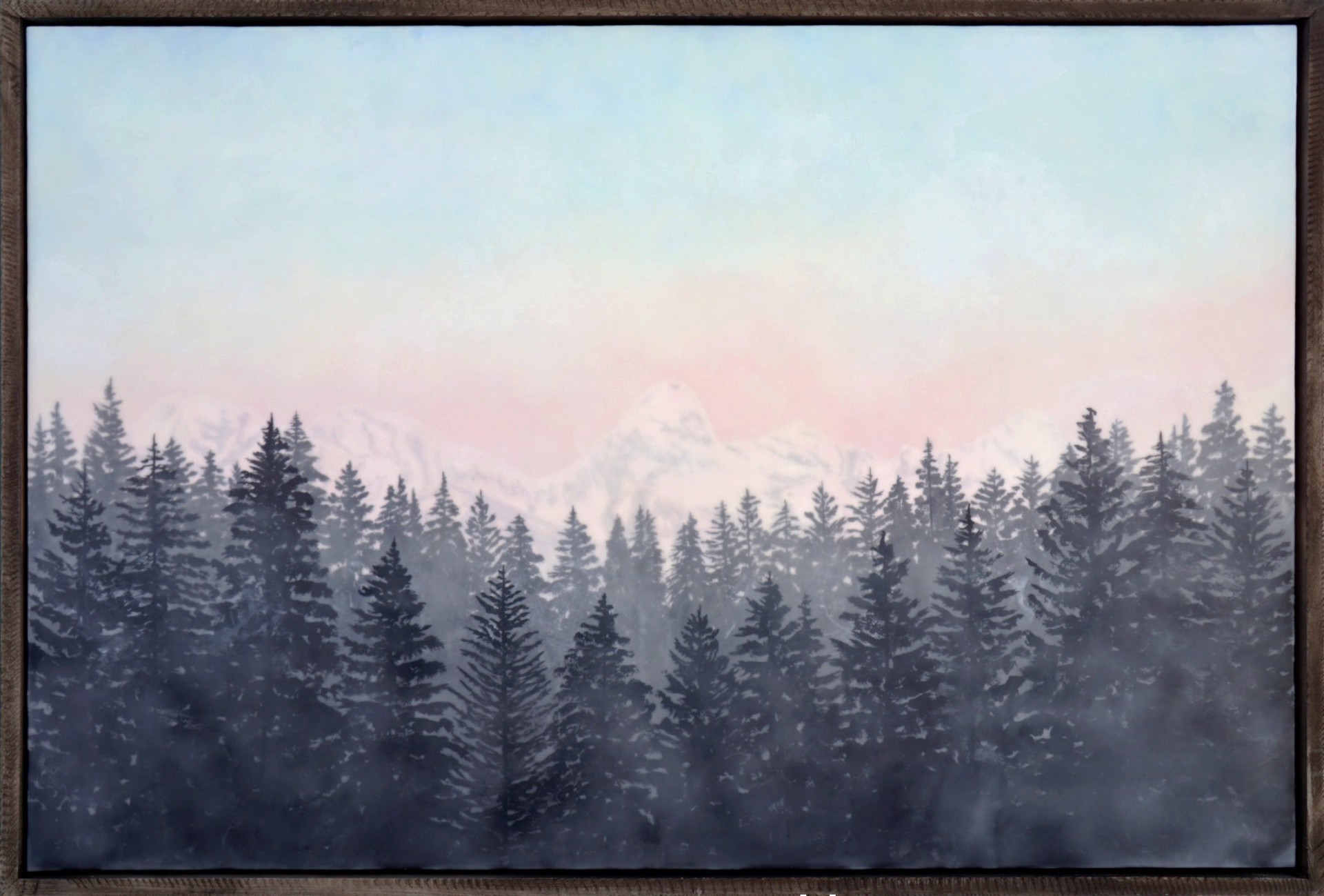 A Landscape Painting Made With Encaustic And Milk Paint Of Pine Trees And The Tetons In The Distance By Bridgette Meinhold