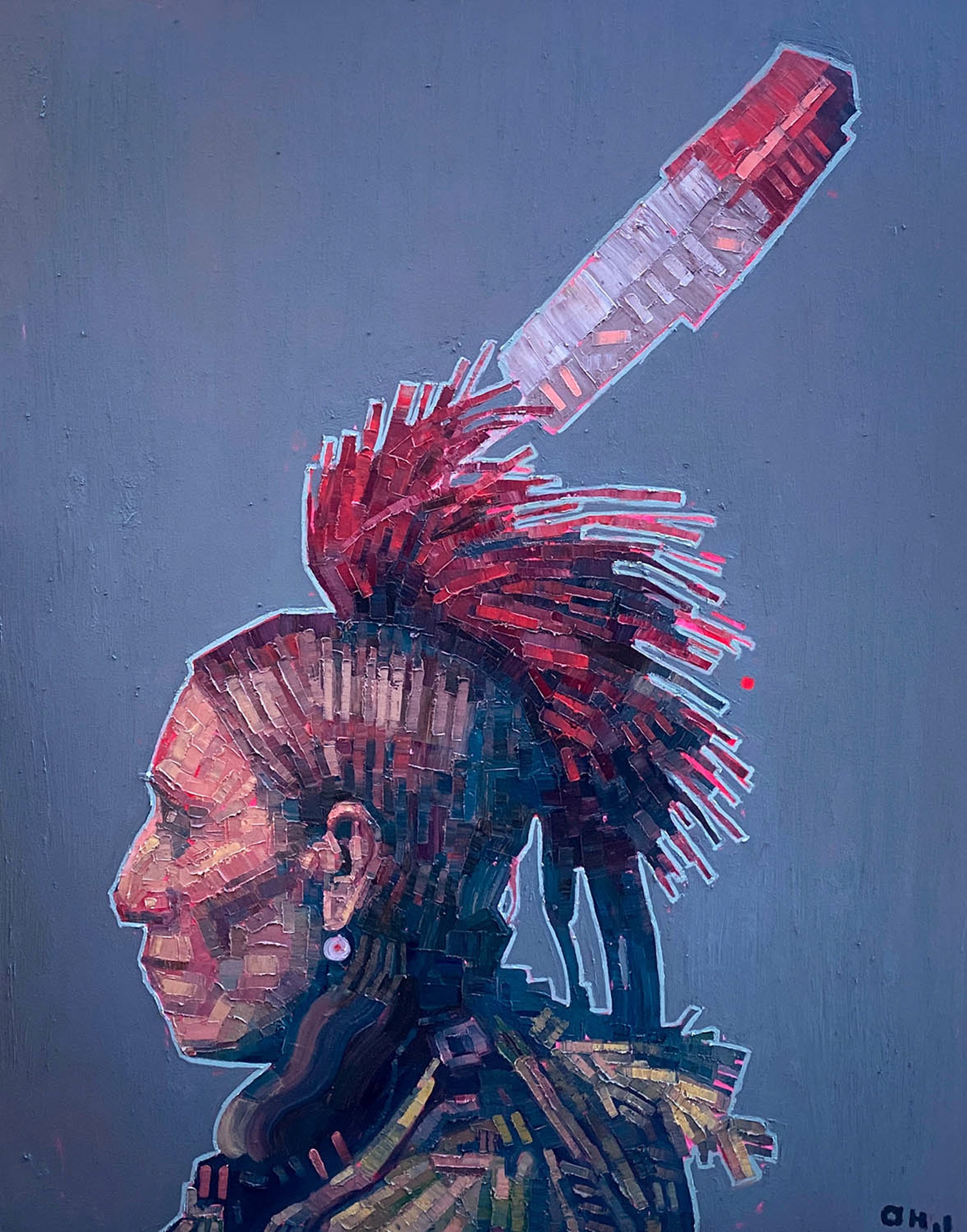 Original Oil Painting By Aaron Hazel Featuring A Native Portrait In Profile Over Blue Background