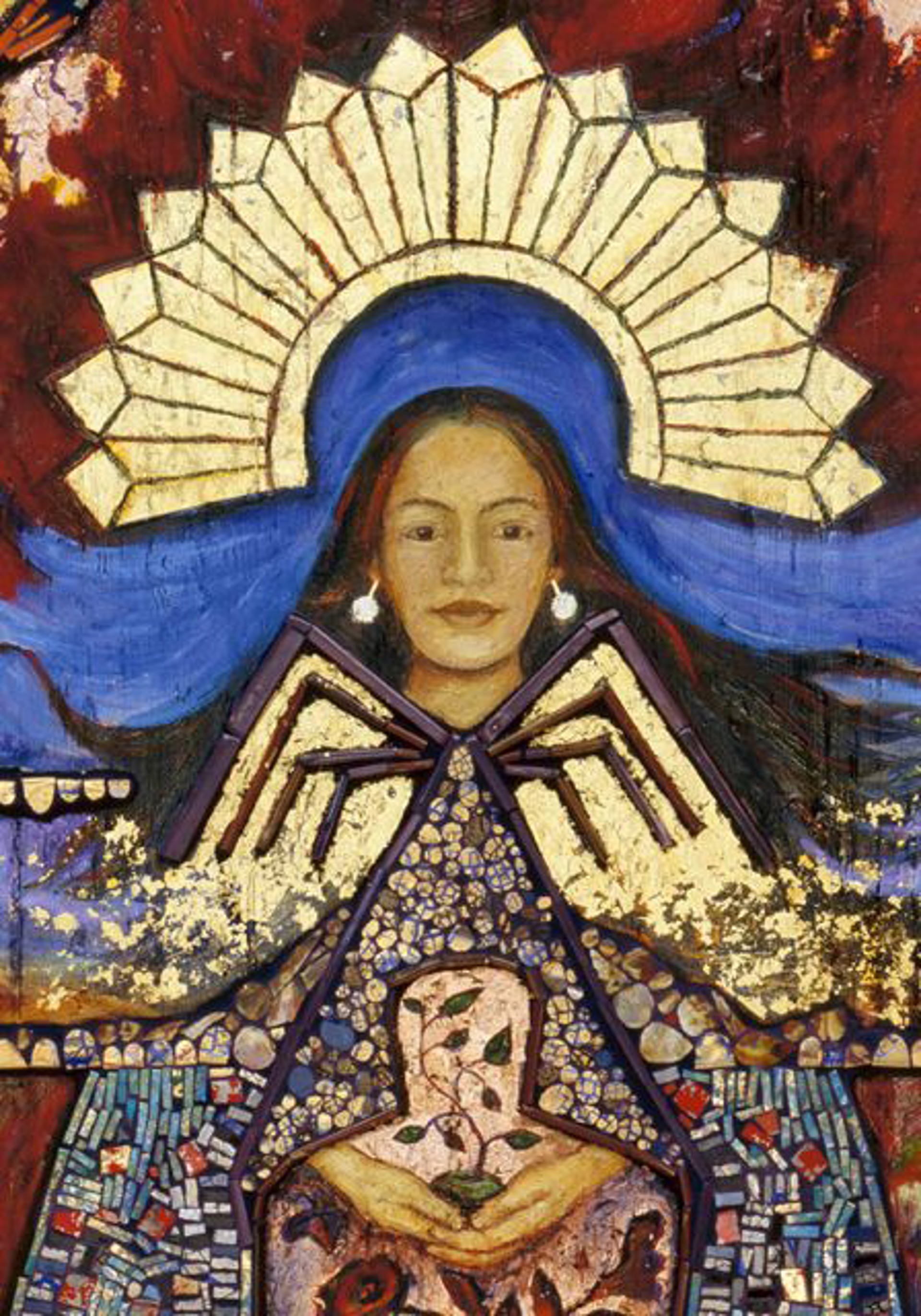 La Conquistadora, Dene Spider Woman, Pueoblan Corn Maiden Retablo by Cristina Acosta