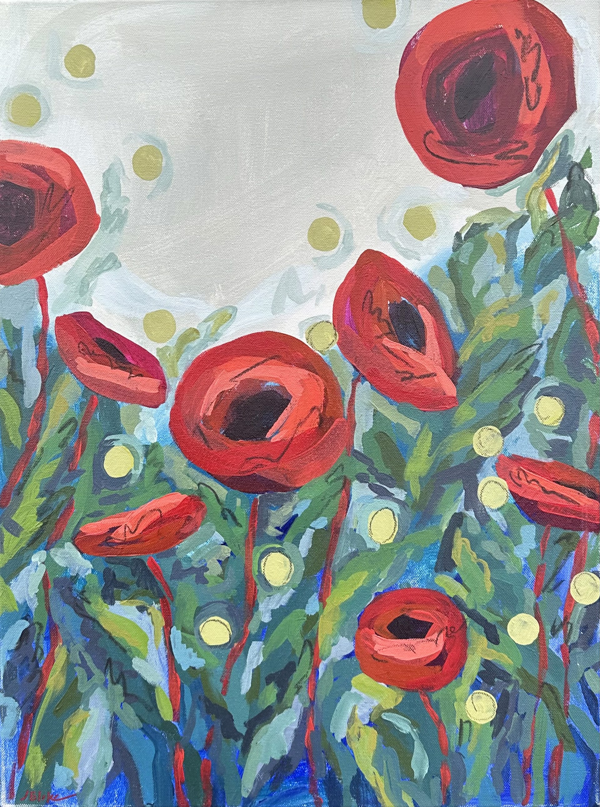 Red Poppies + Green Dots II by Julia Blake