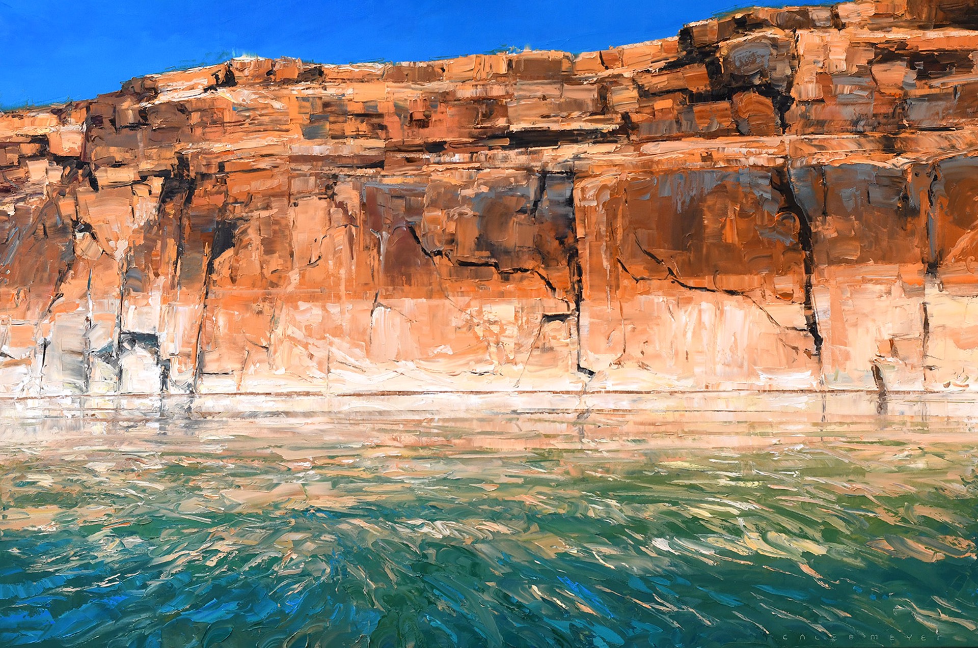 Desert Lake Oil Painting By Caleb Meyer Red Sandstone Rock With Blue Green Lake Water