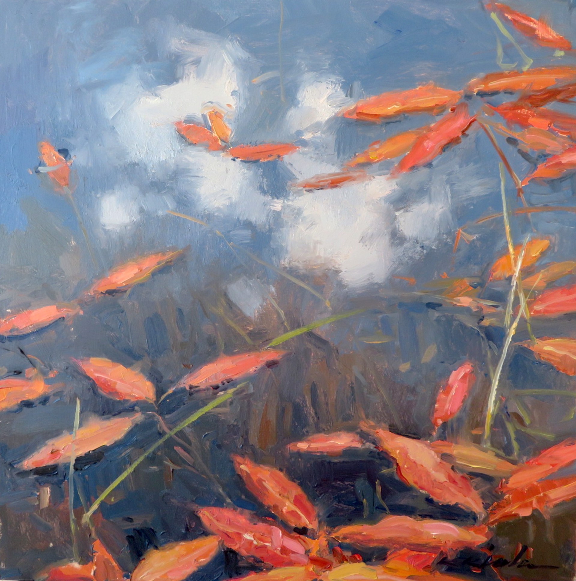 Crimson Leaves and Cloud Reflection by Kate Kiesler