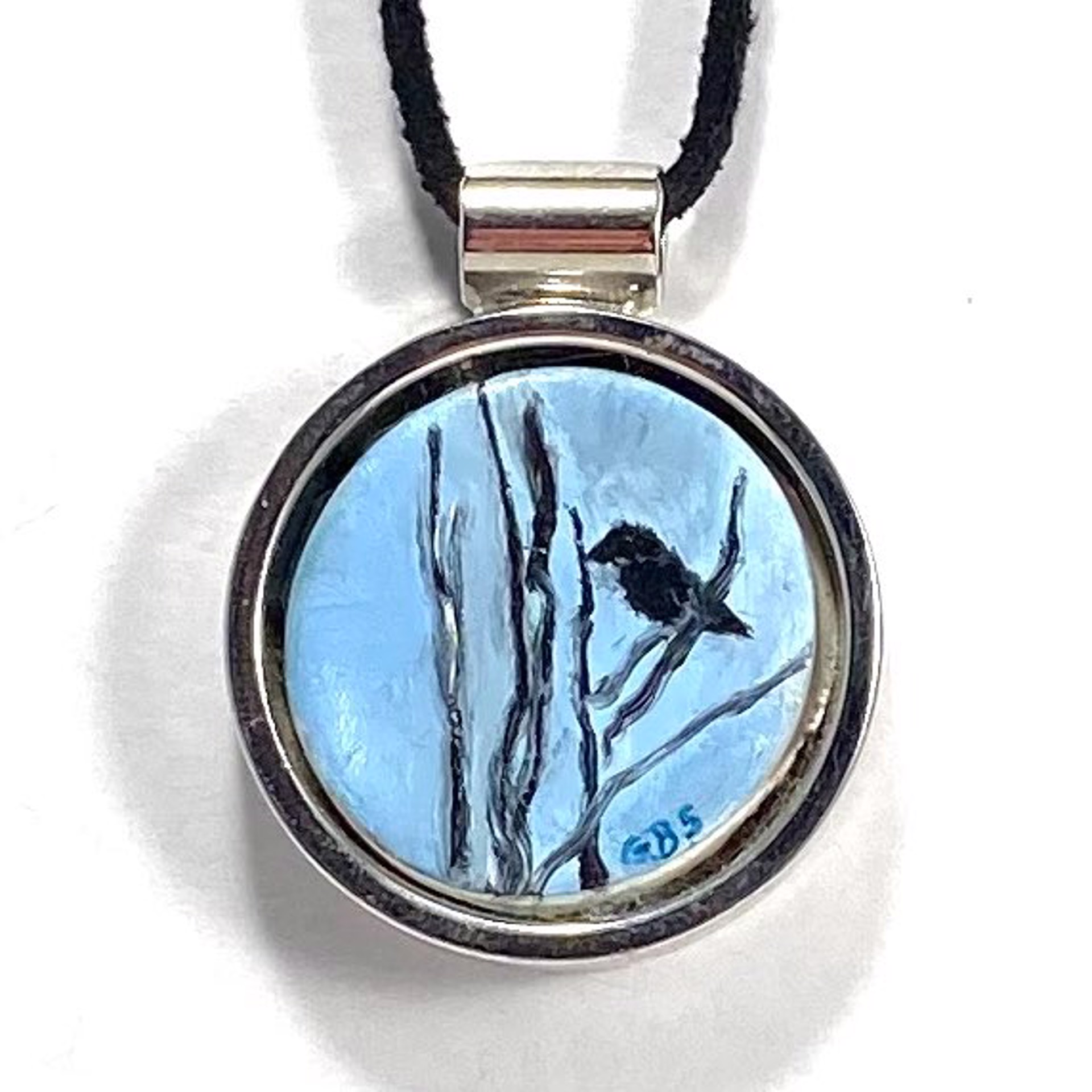 BS20 Bird Perched On A Twig-  pendent on leather by Barbara Sawyer