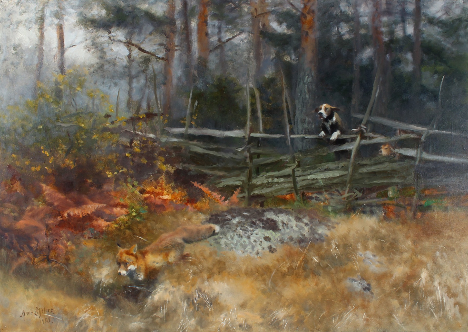 Fox and Hounds in a Wood by Bruno Liljefors