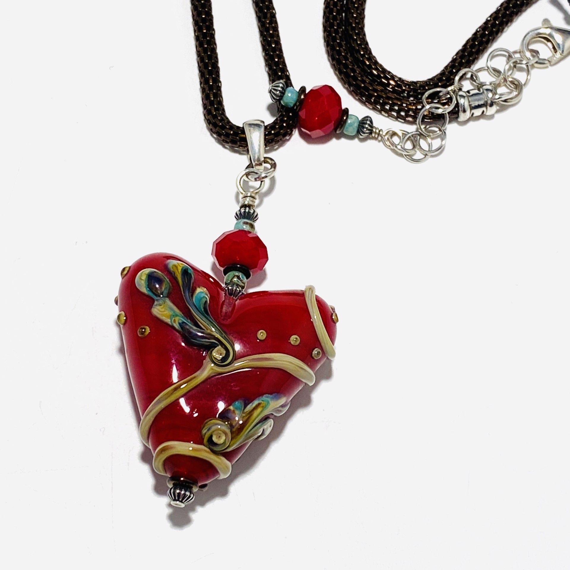 LS23-4A Sangree Raku Feather Heart Bronze Mesh Chain Necklace by Linda Sacra