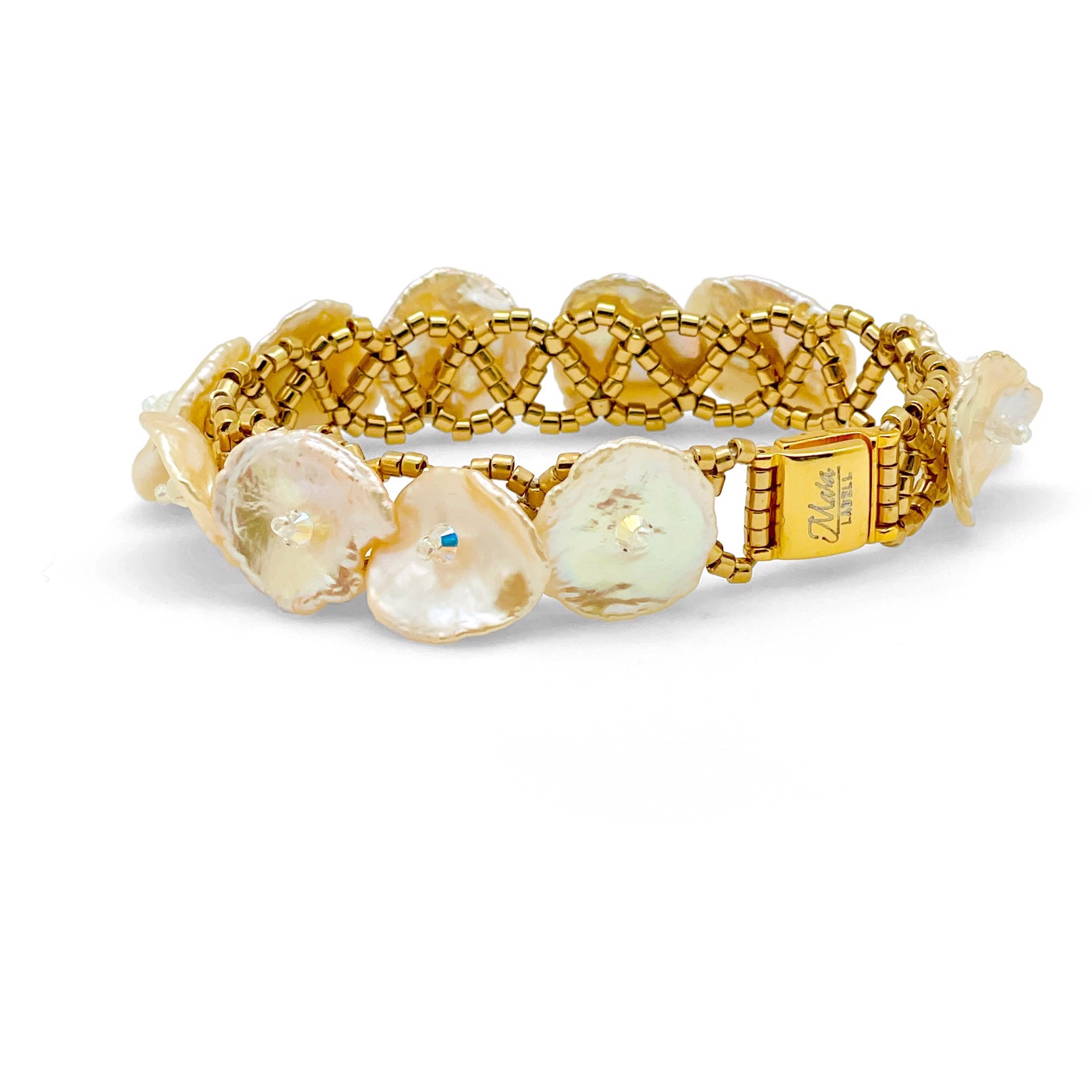 Posy skinny bracelet - white keshi on gold by Mara Labell